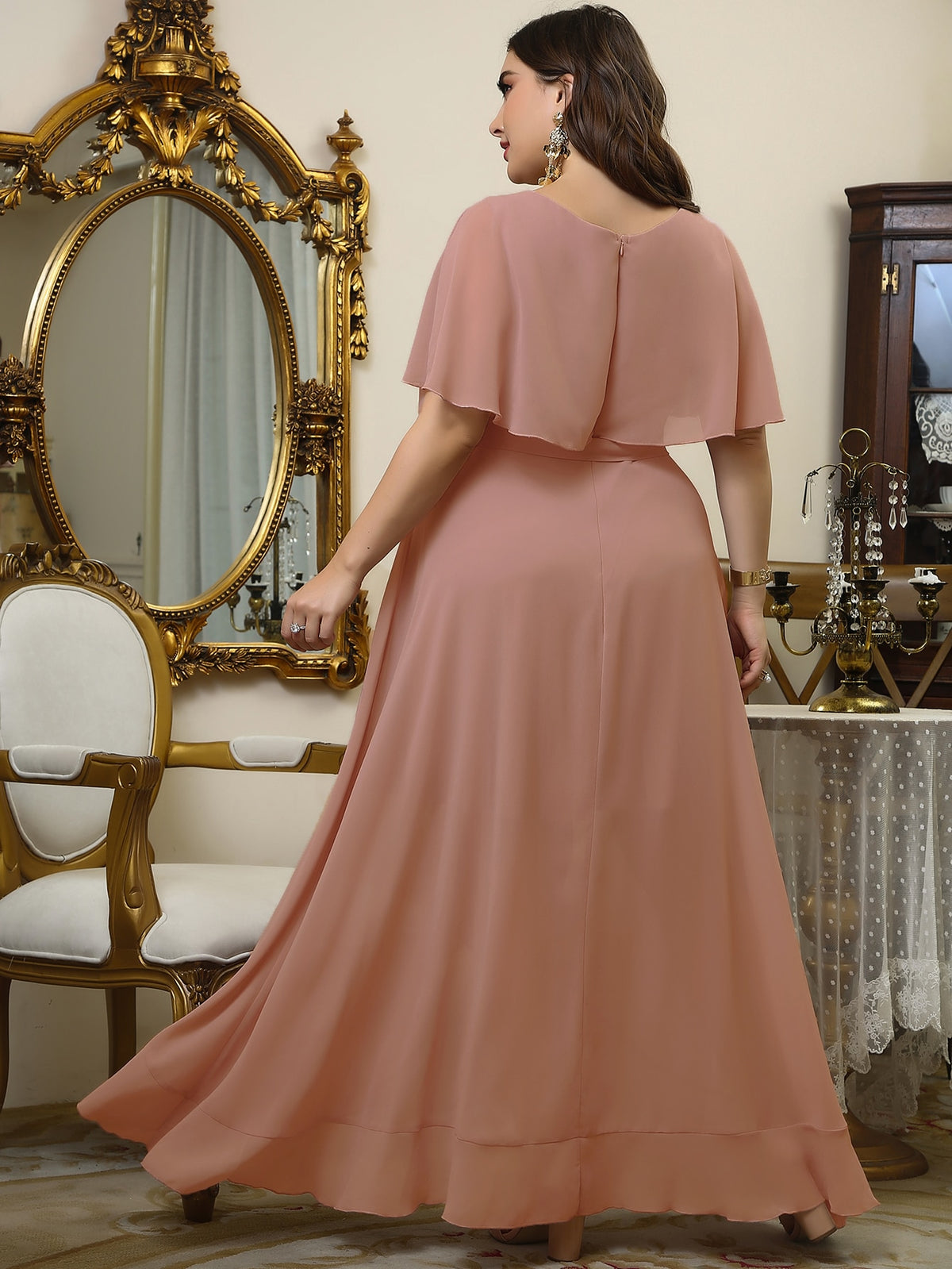 Plus Wrap Chiffon Dress with Self Tie Ruffle