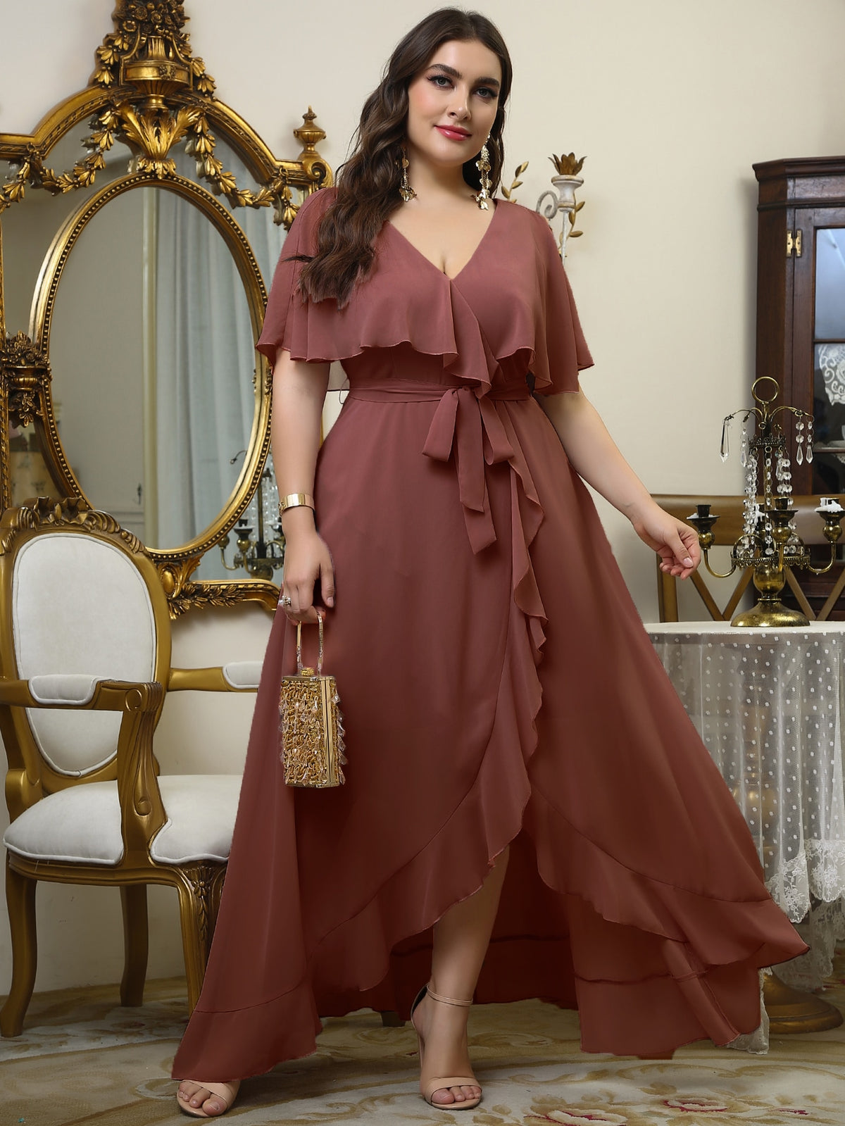 Plus Wrap Chiffon Dress with Self Tie Ruffle