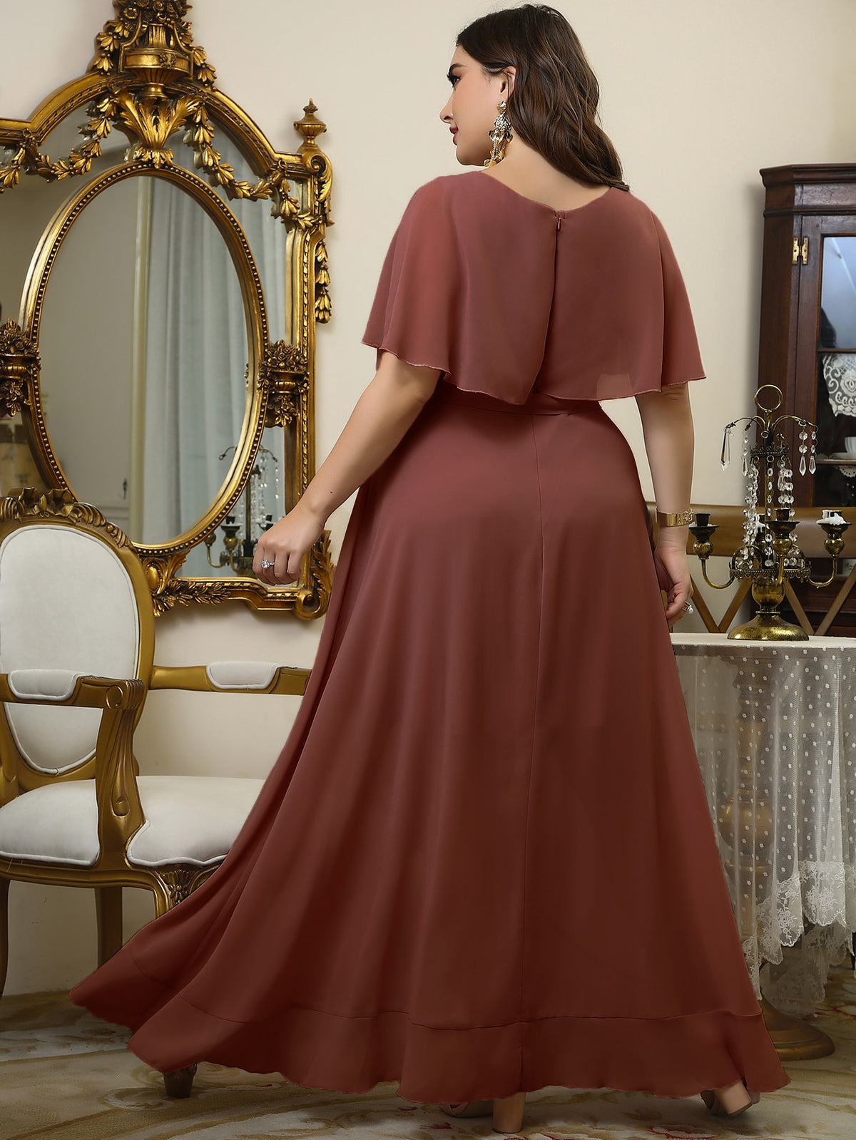 Plus Wrap Chiffon Dress with Self Tie Ruffle