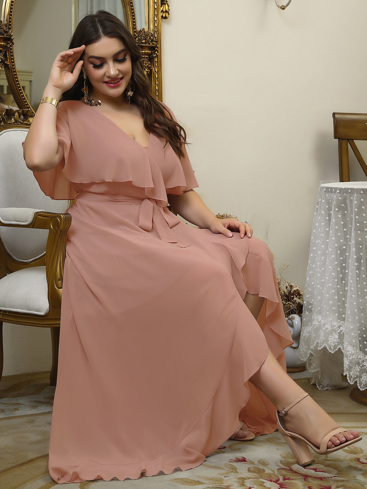 Plus Wrap Chiffon Dress with Self Tie Ruffle