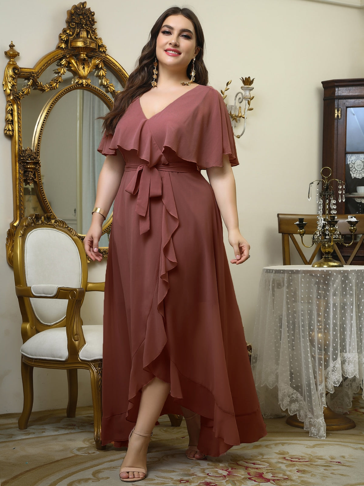 Plus Wrap Chiffon Dress with Self Tie Ruffle