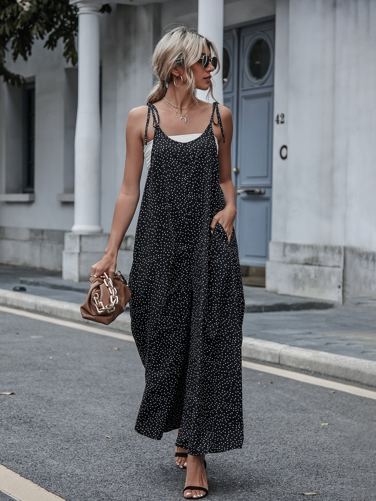 Polka Dot  Tie Shoulder Jumpsuit - Black / XL