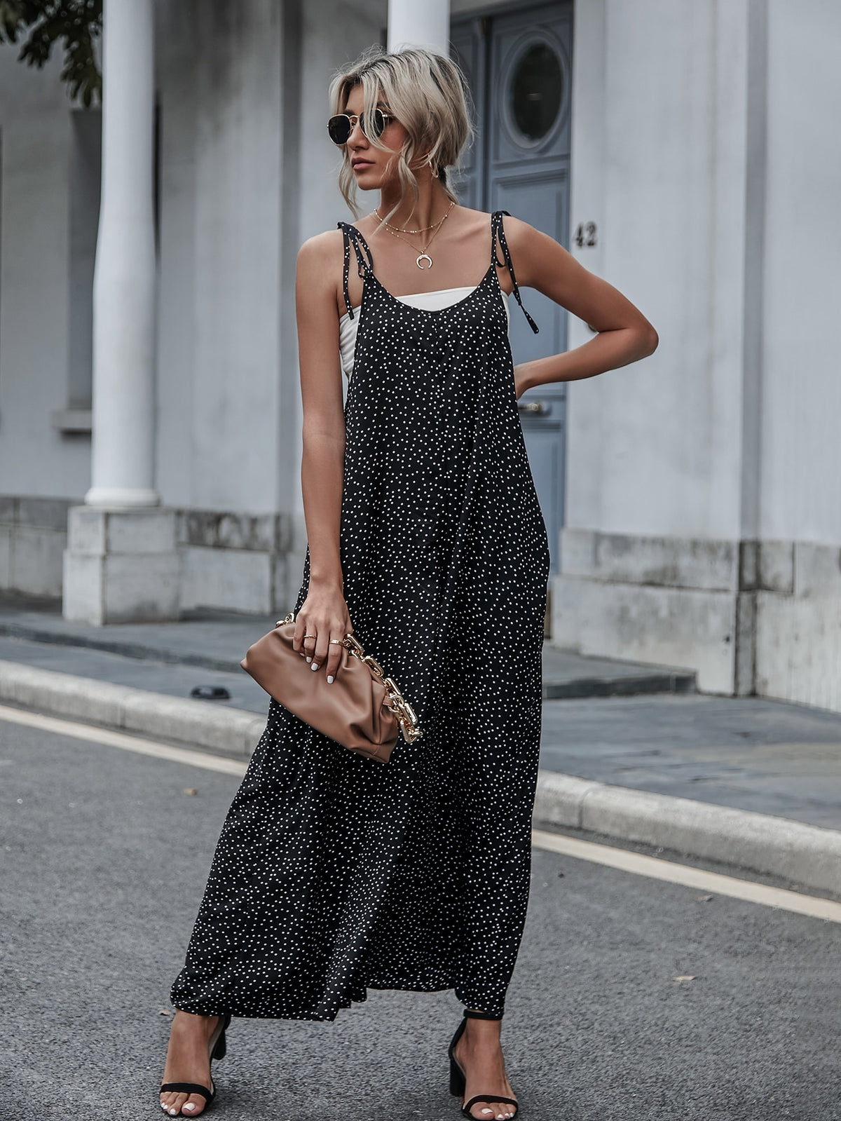 Polka Dot  Tie Shoulder Jumpsuit -