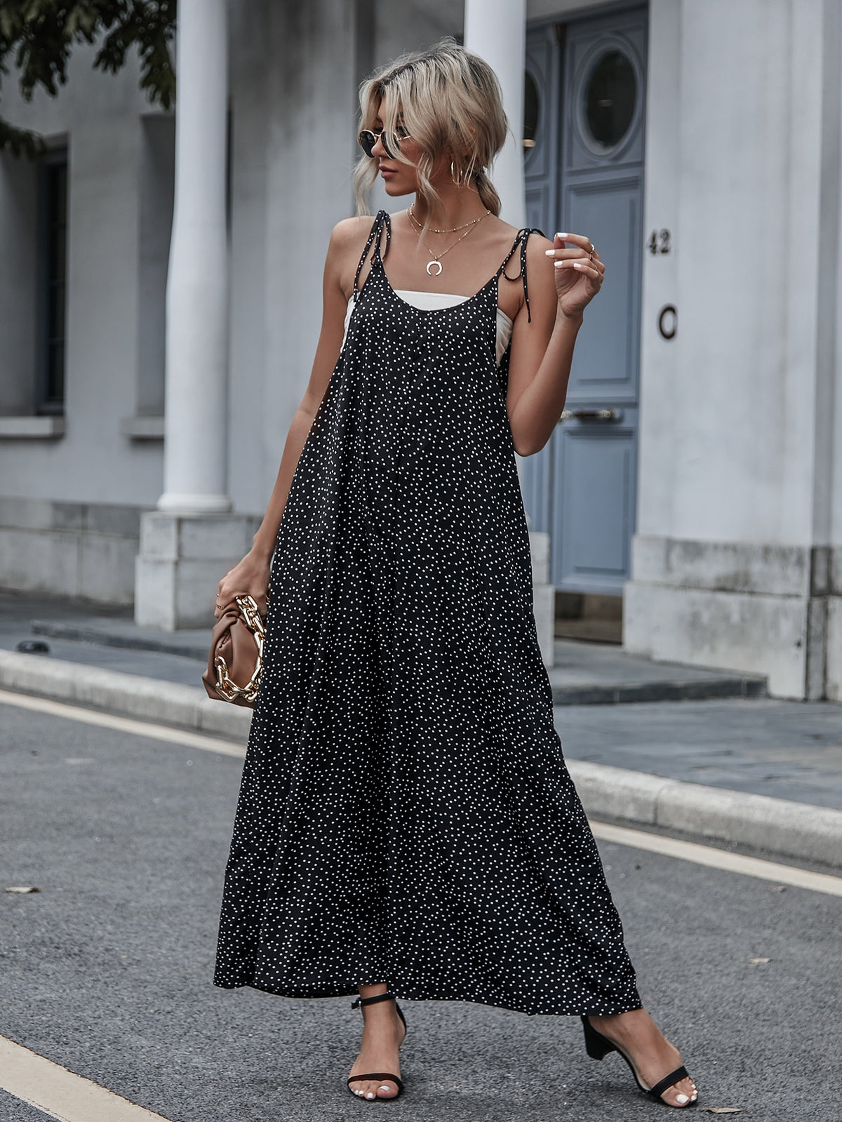 Polka Dot  Tie Shoulder Jumpsuit -