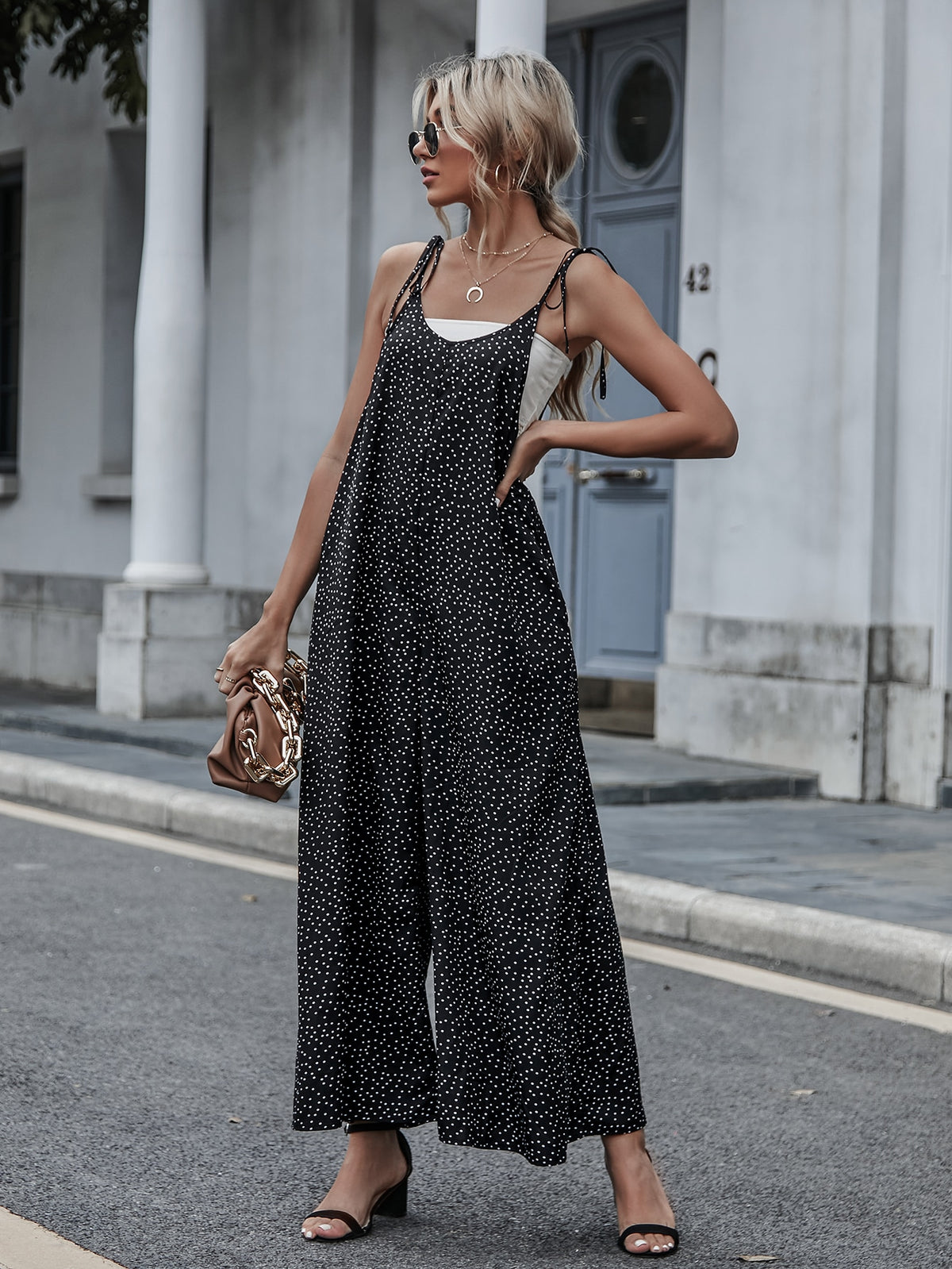 Polka Dot  Tie Shoulder Jumpsuit -