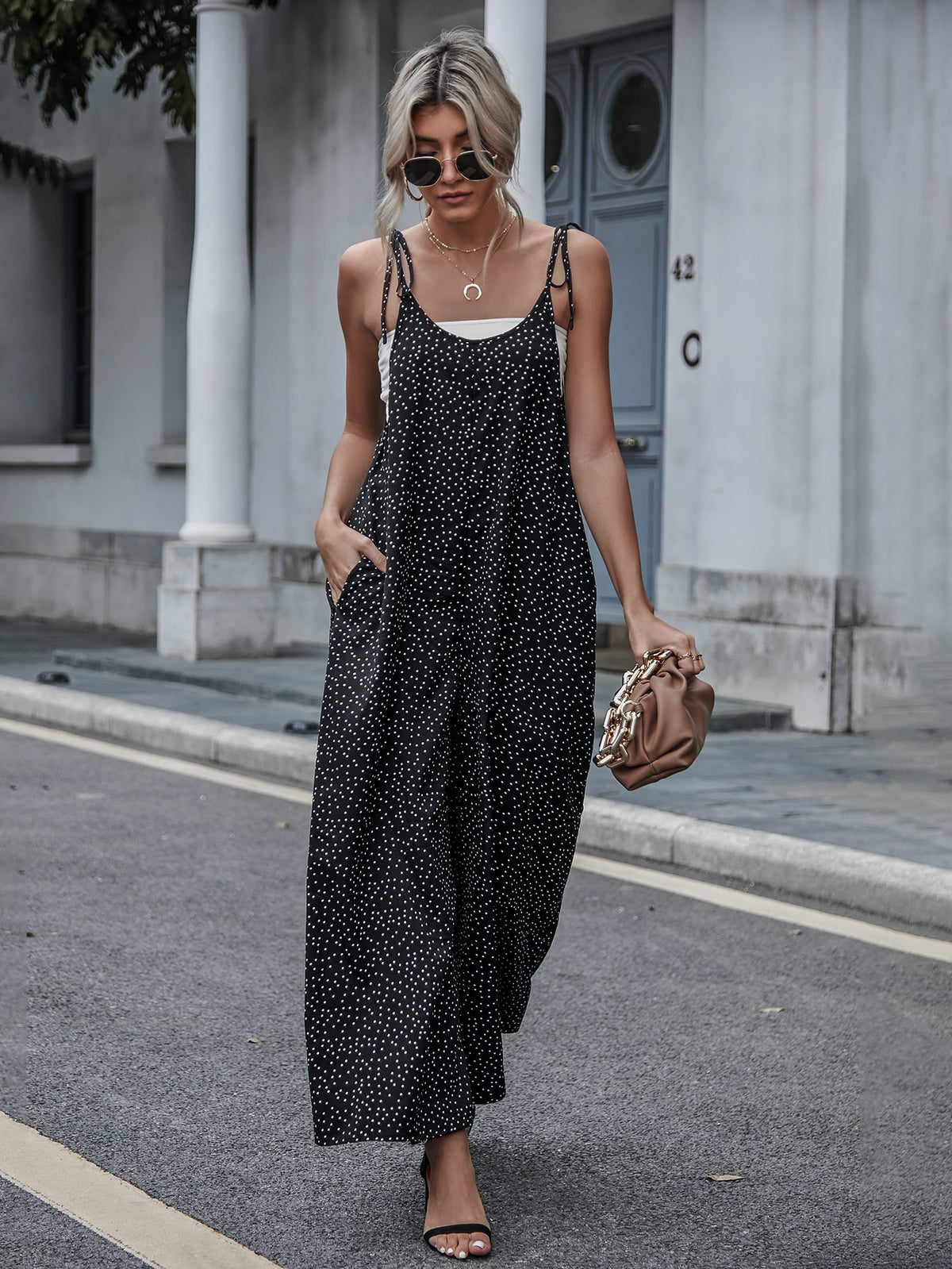 Polka Dot  Tie Shoulder Jumpsuit -