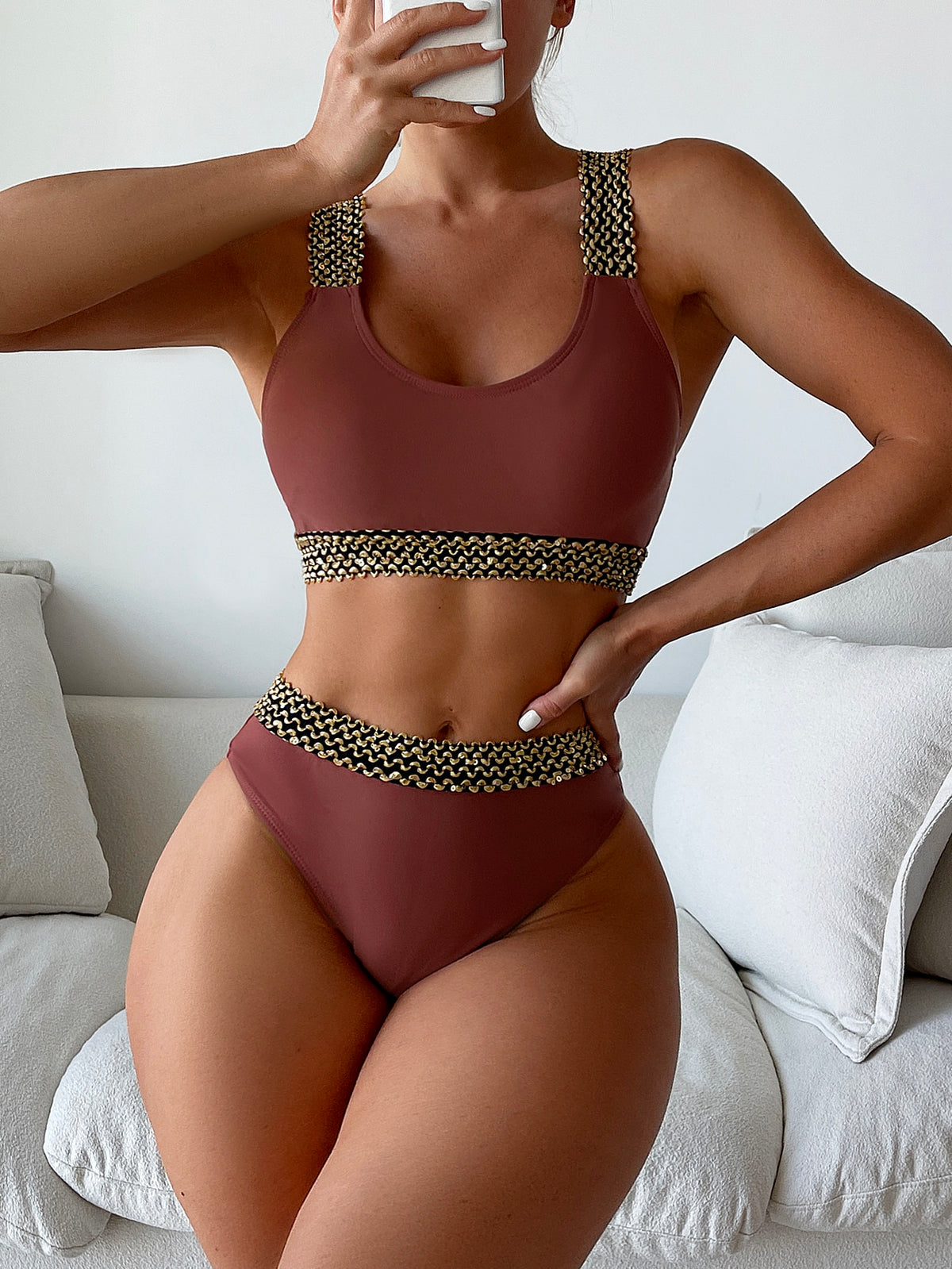 Solid Color Chain Print Bikini - Redwood / L