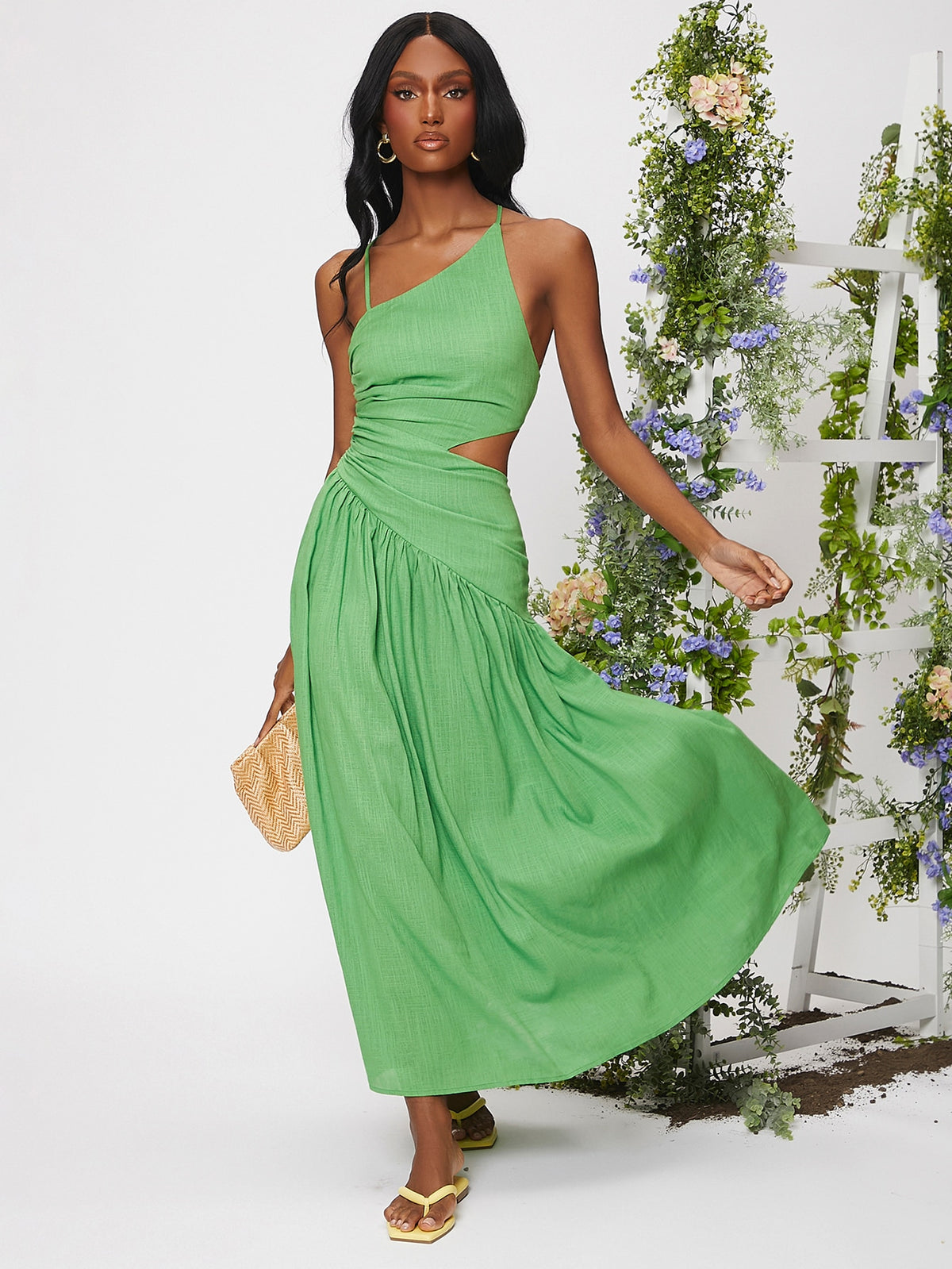 Lace Up Ruched Ruffle Hem Dress - Green / XL