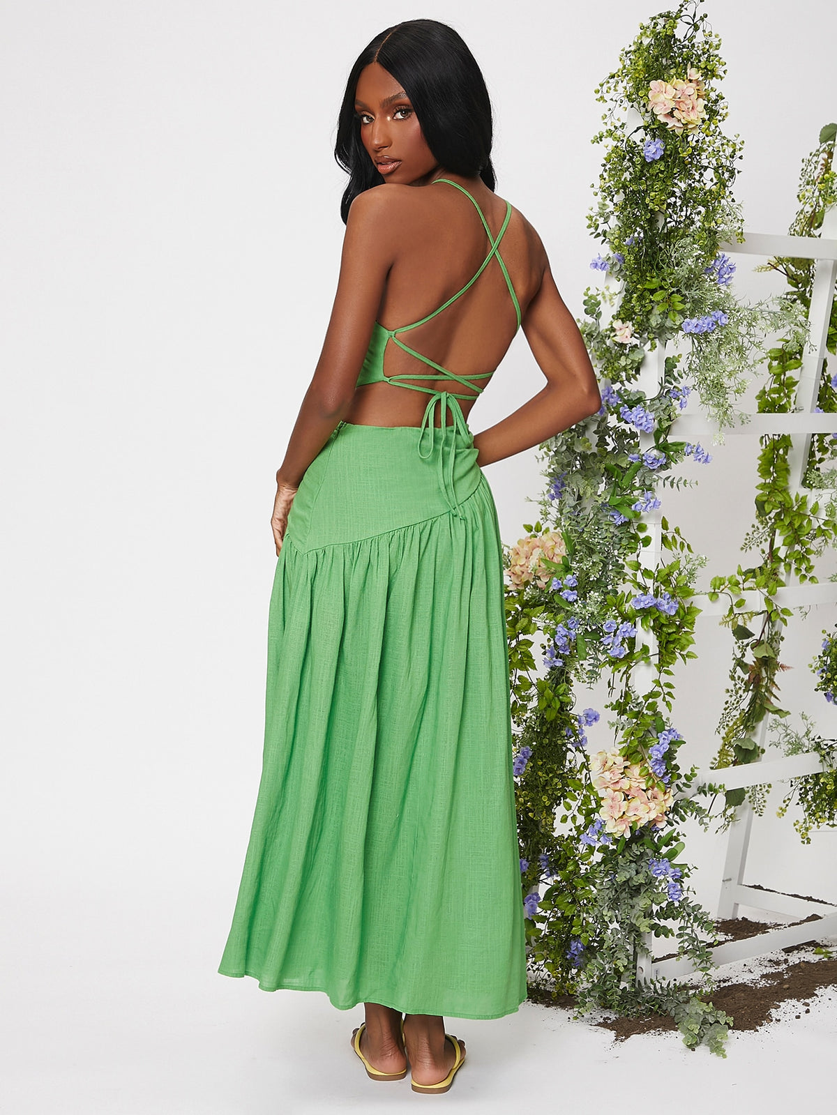 Lace Up Ruched Ruffle Hem Dress -