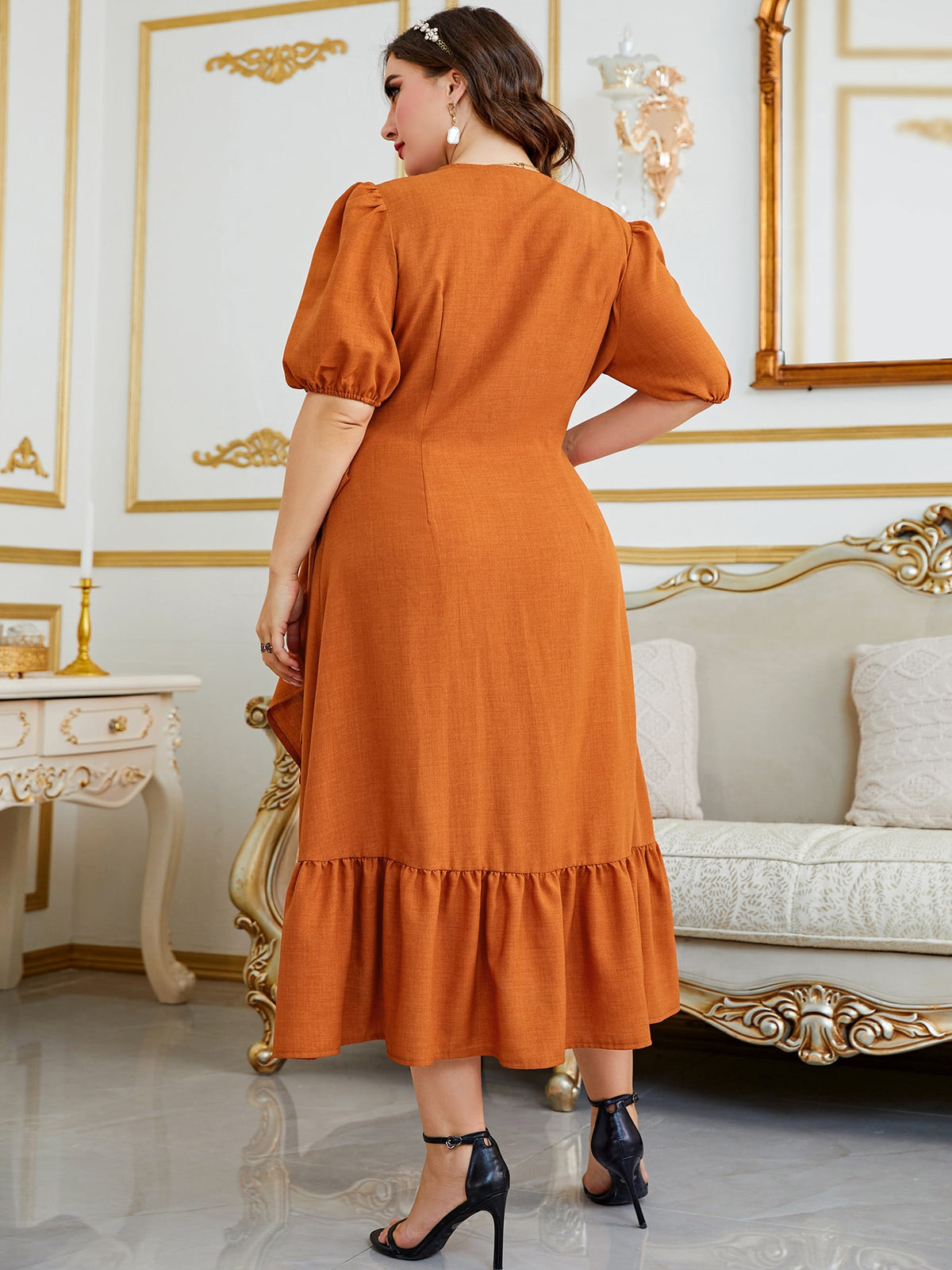 Plus Tie Side Wrap Dress with Puff Sleeve Ruffle Trim
