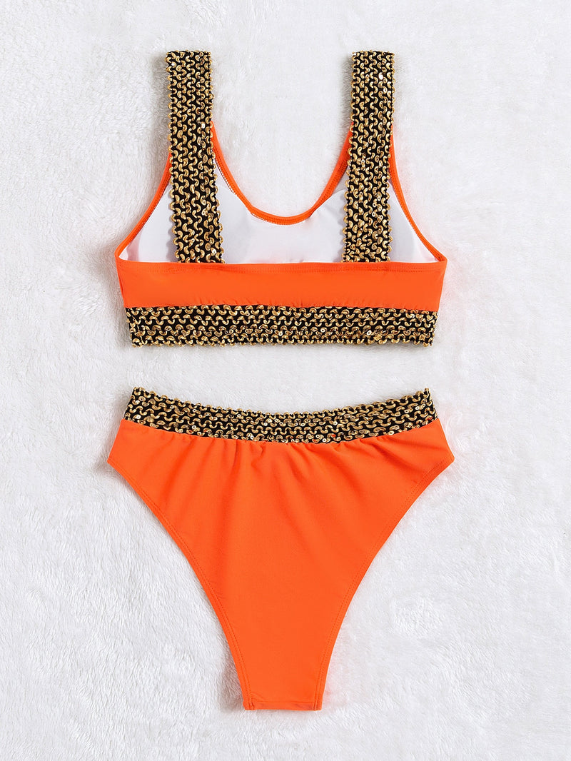 Solid Color Chain Print Bikini -