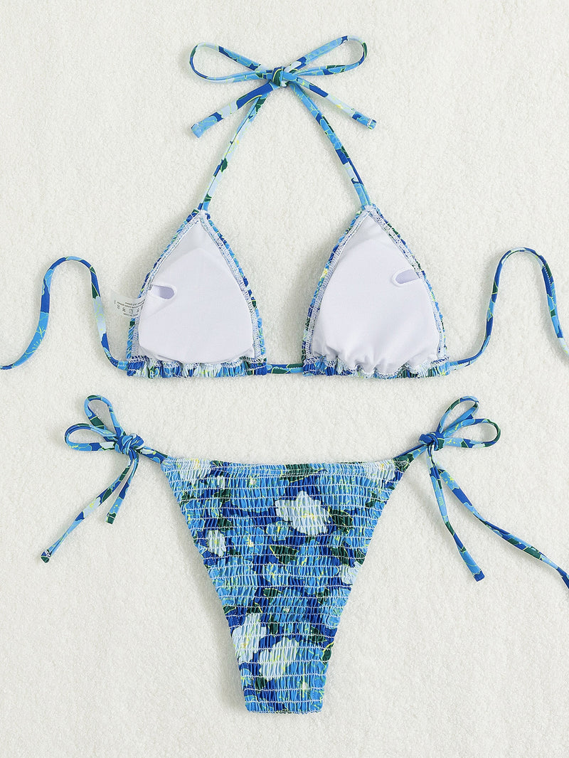 Floral Print String Tie Bikini Swimsuit - 