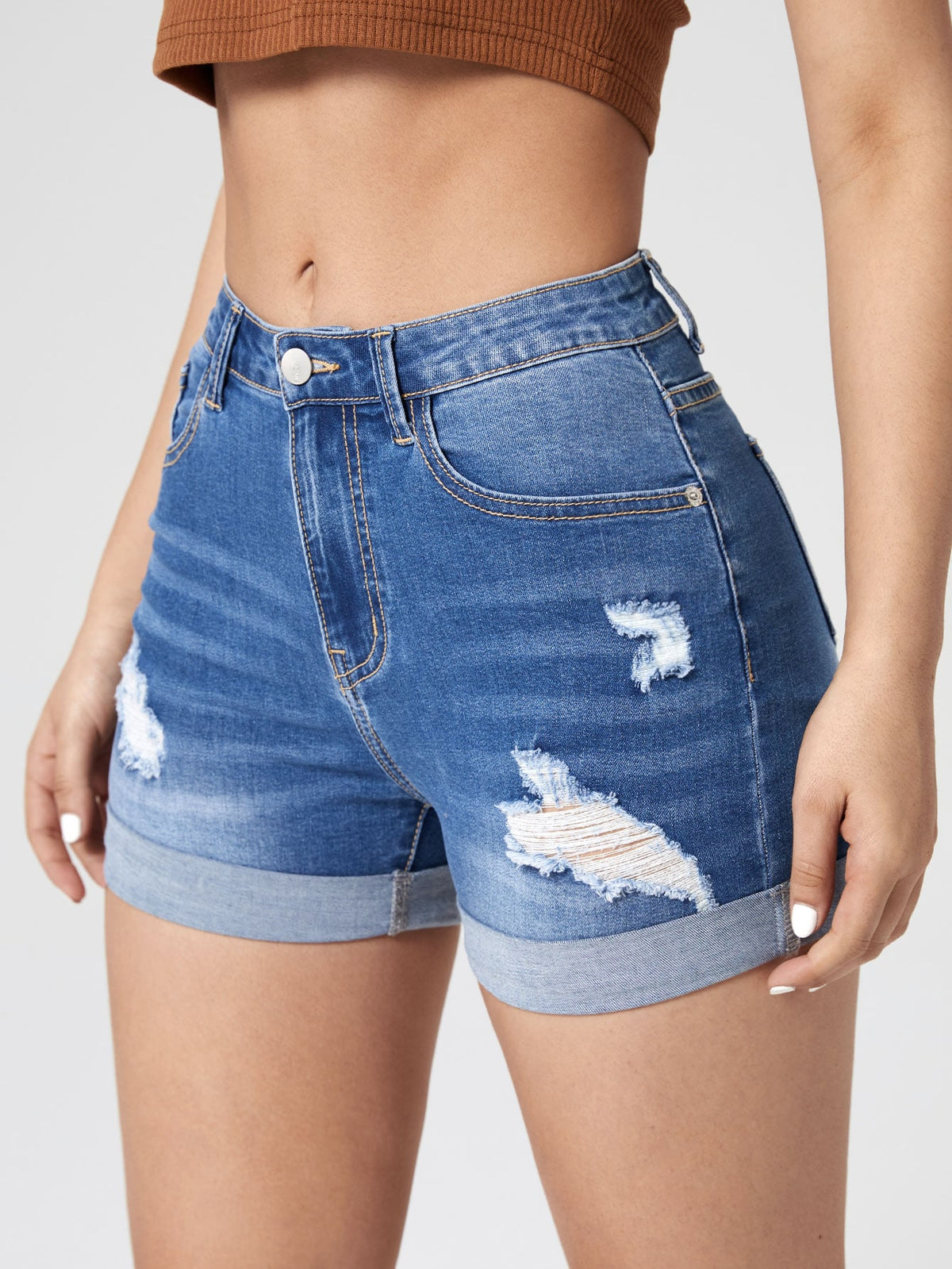 Ripped Denim Shorts with Roll Up Hem - Medium Wash / XL