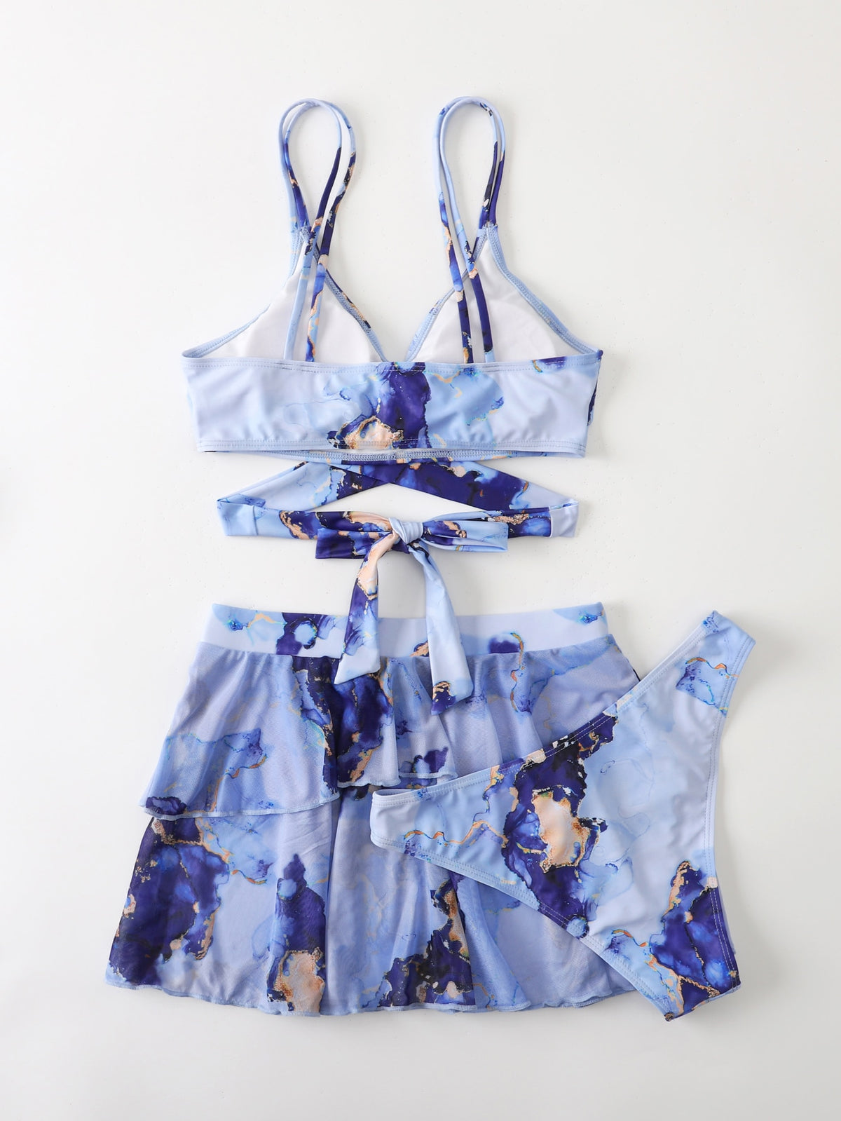 3 Piece Wrap Bikini Swimsuit and Beach Skirt in Marble Print
