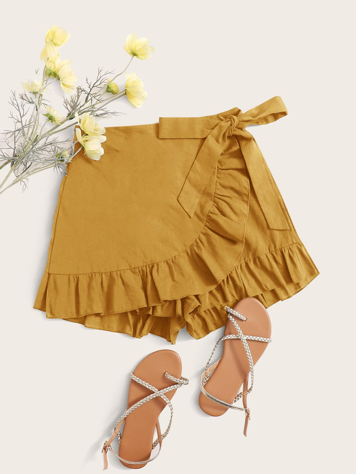 Plus Tie Side Solid Skort with Ruffle Trim - Mustard Yellow / 4XL