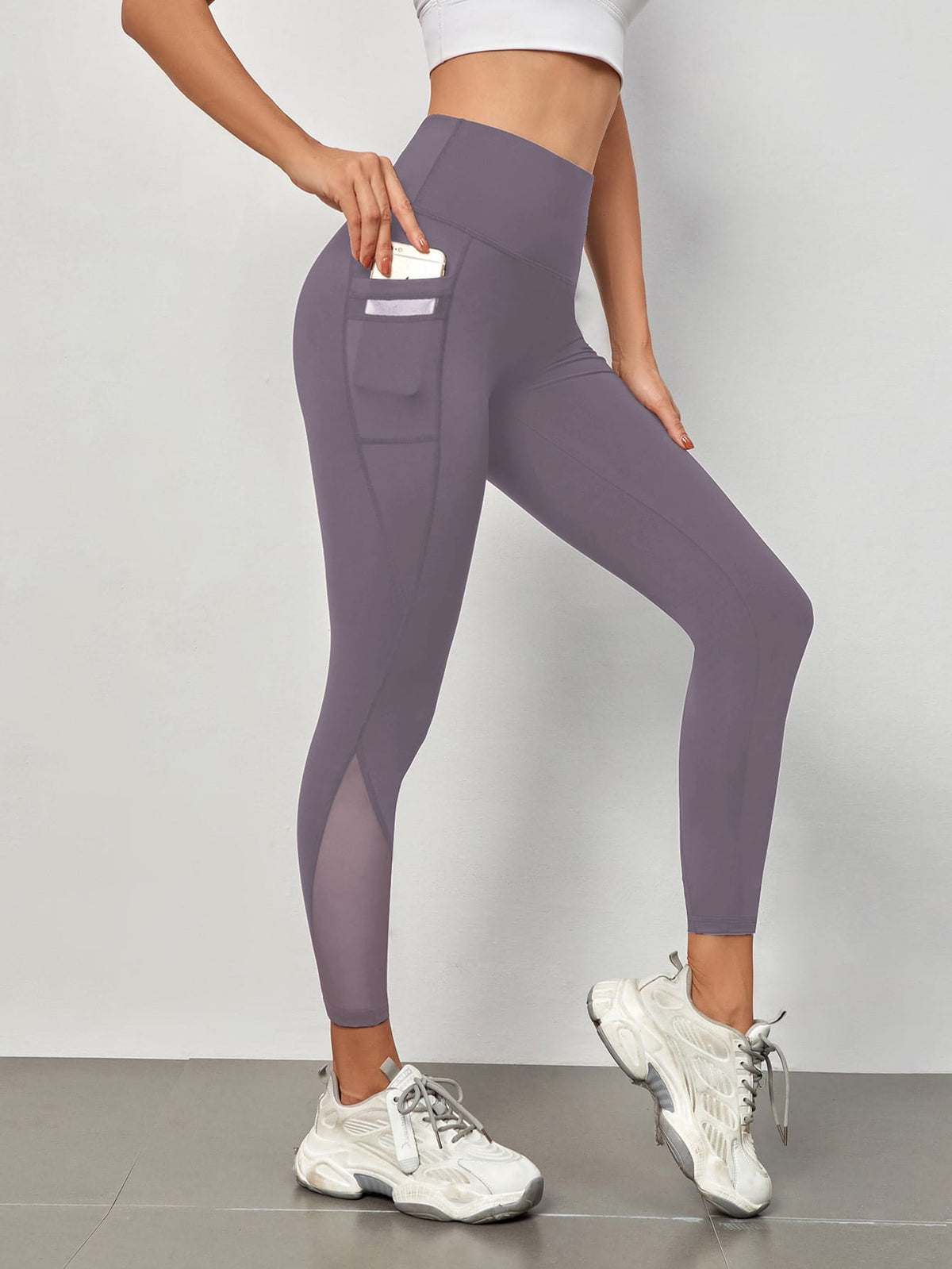 Mesh Panels Sports Leggings With Phone Pocket - Dusty Purple / XL