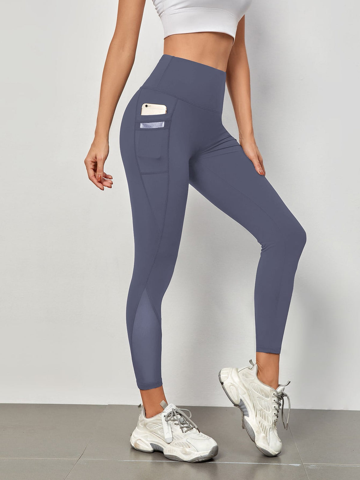 Mesh Panels Sports Leggings With Phone Pocket - Dusty Blue / XL