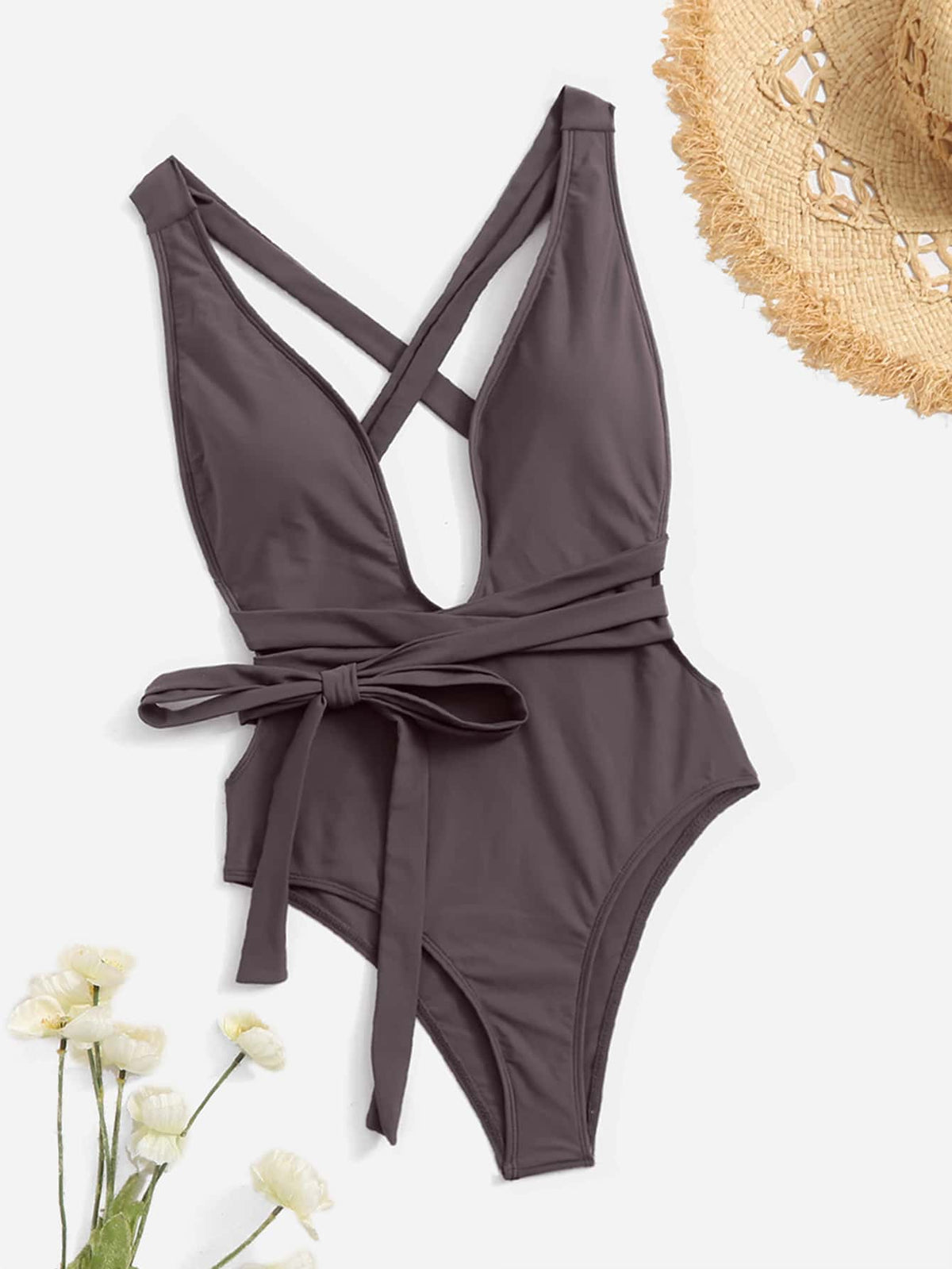 White Plunging Neck One Piece Swimsuit - Brown / L