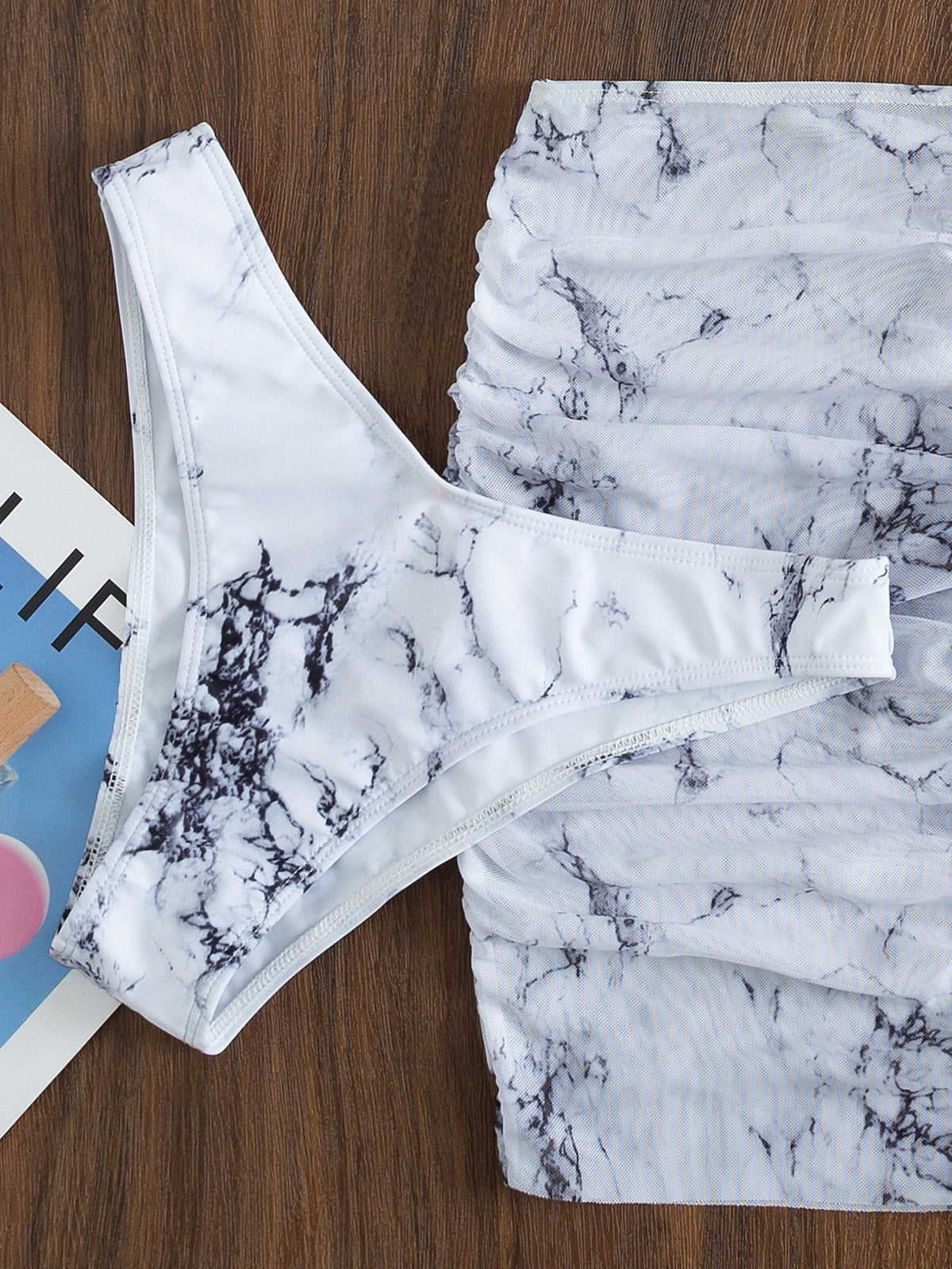 Halter Bikini Swimsuit With Beach Skirt in Marble Print