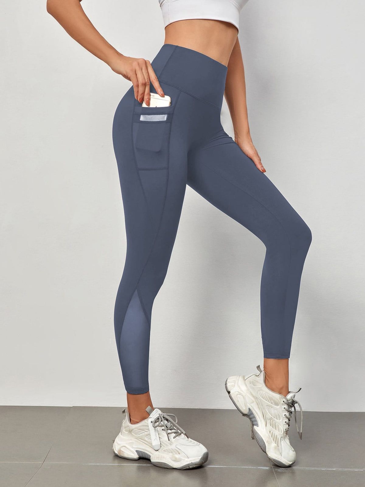 Mesh Panels Sports Leggings With Phone Pocket - Dusty Blue-3 / XL