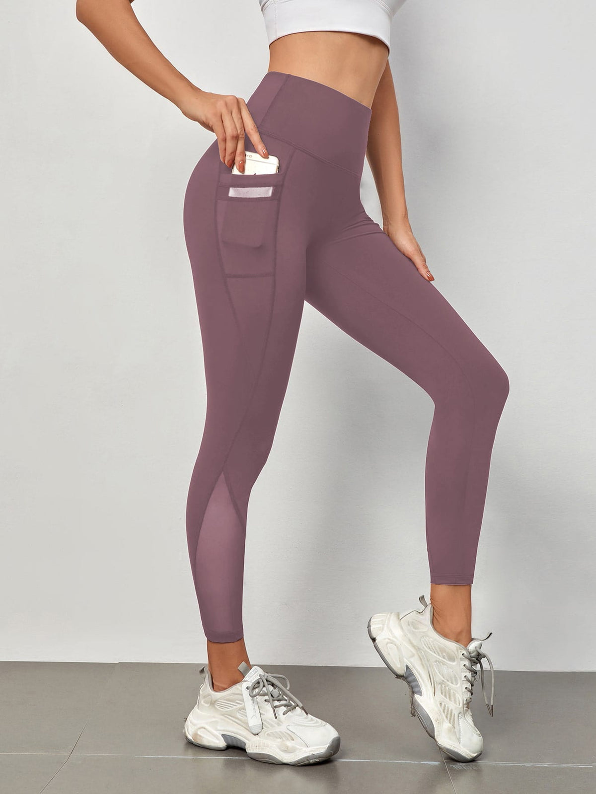 Mesh Panels Sports Leggings With Phone Pocket - Dusty Purple-2 / XL