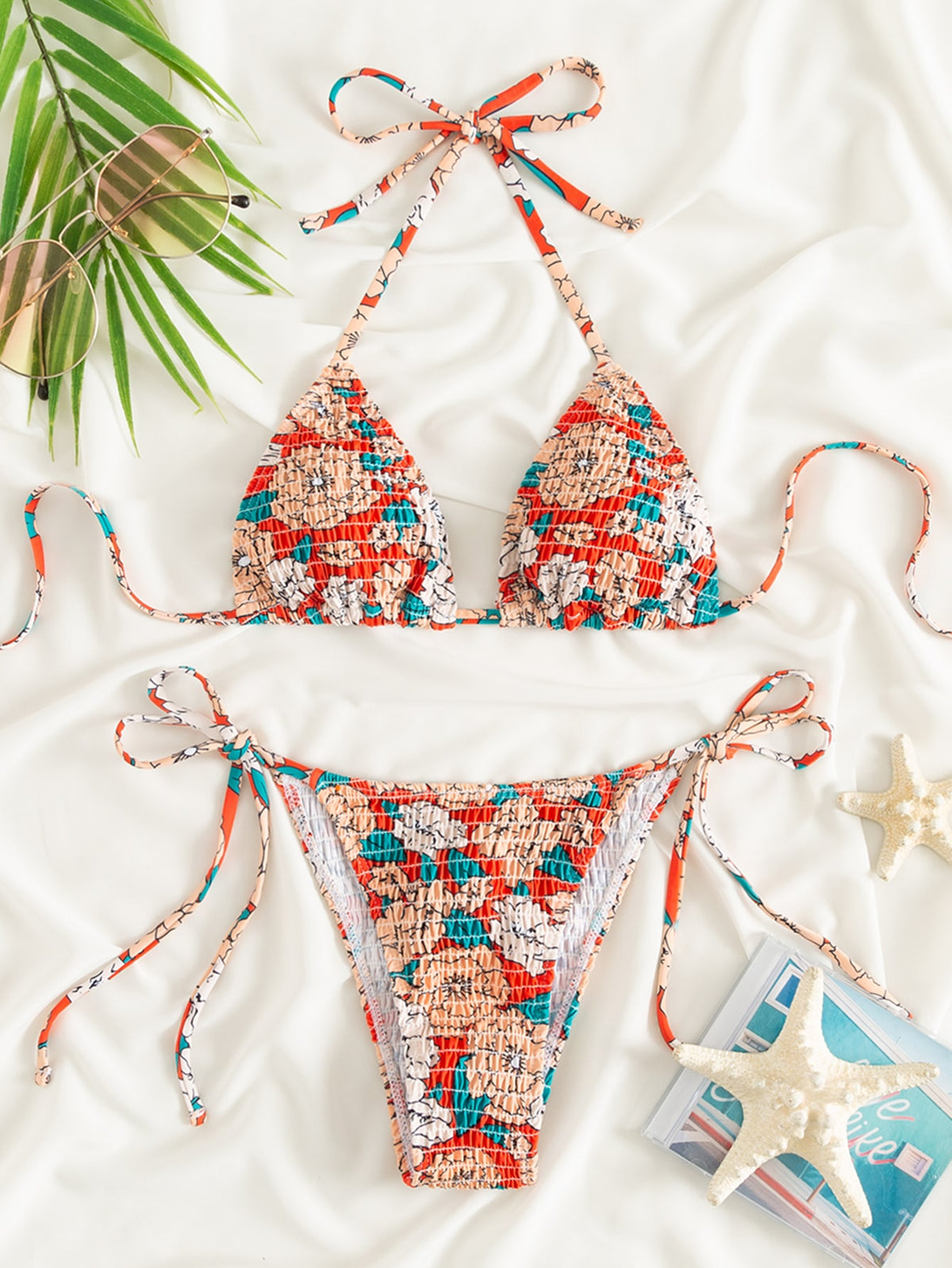 Floral Print String Tie Bikini Swimsuit - Multicolor-10 / L