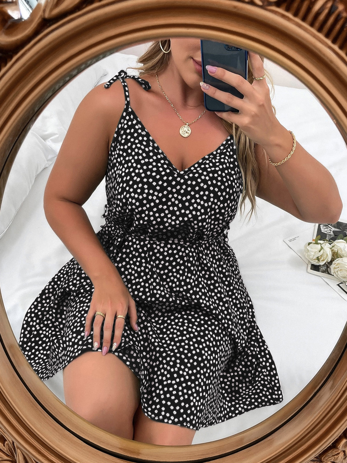 Plus Floral Belted Cami Dress - Black / 4XL