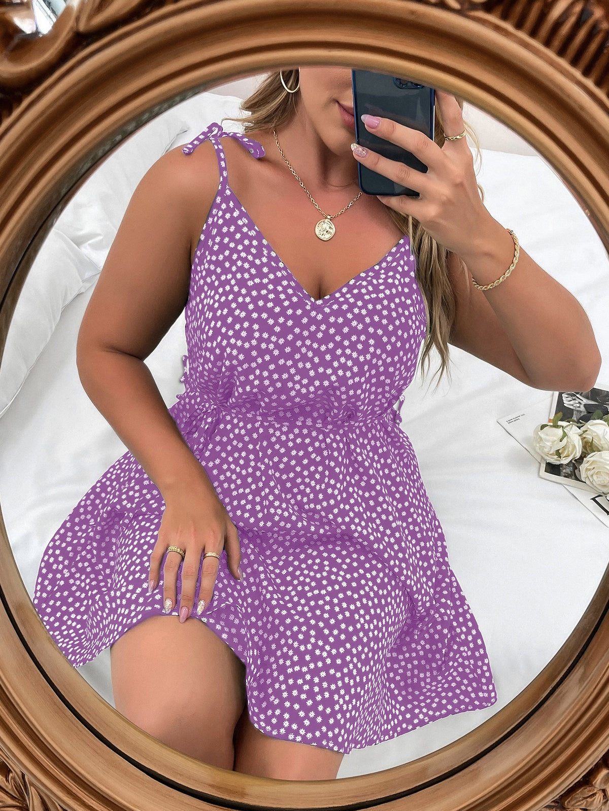 Plus Floral Belted Cami Dress - Purple / 4XL
