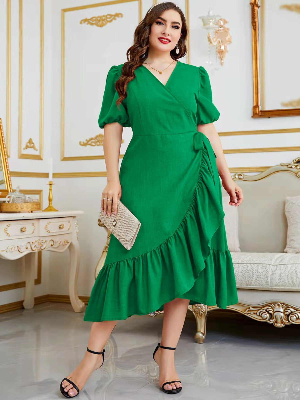 Plus Tie Side Wrap Dress with Puff Sleeve Ruffle Trim