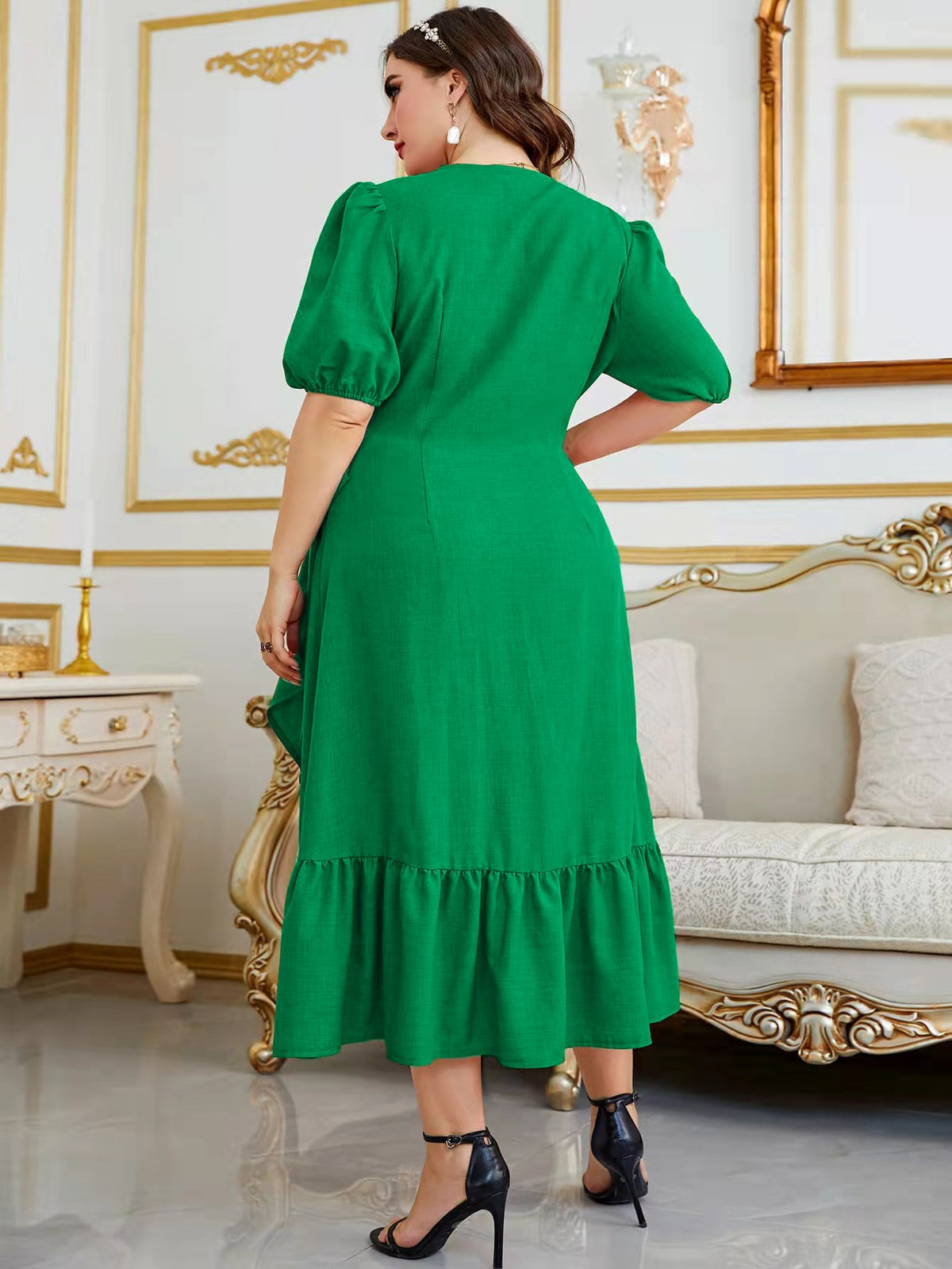 Plus Tie Side Wrap Dress with Puff Sleeve Ruffle Trim