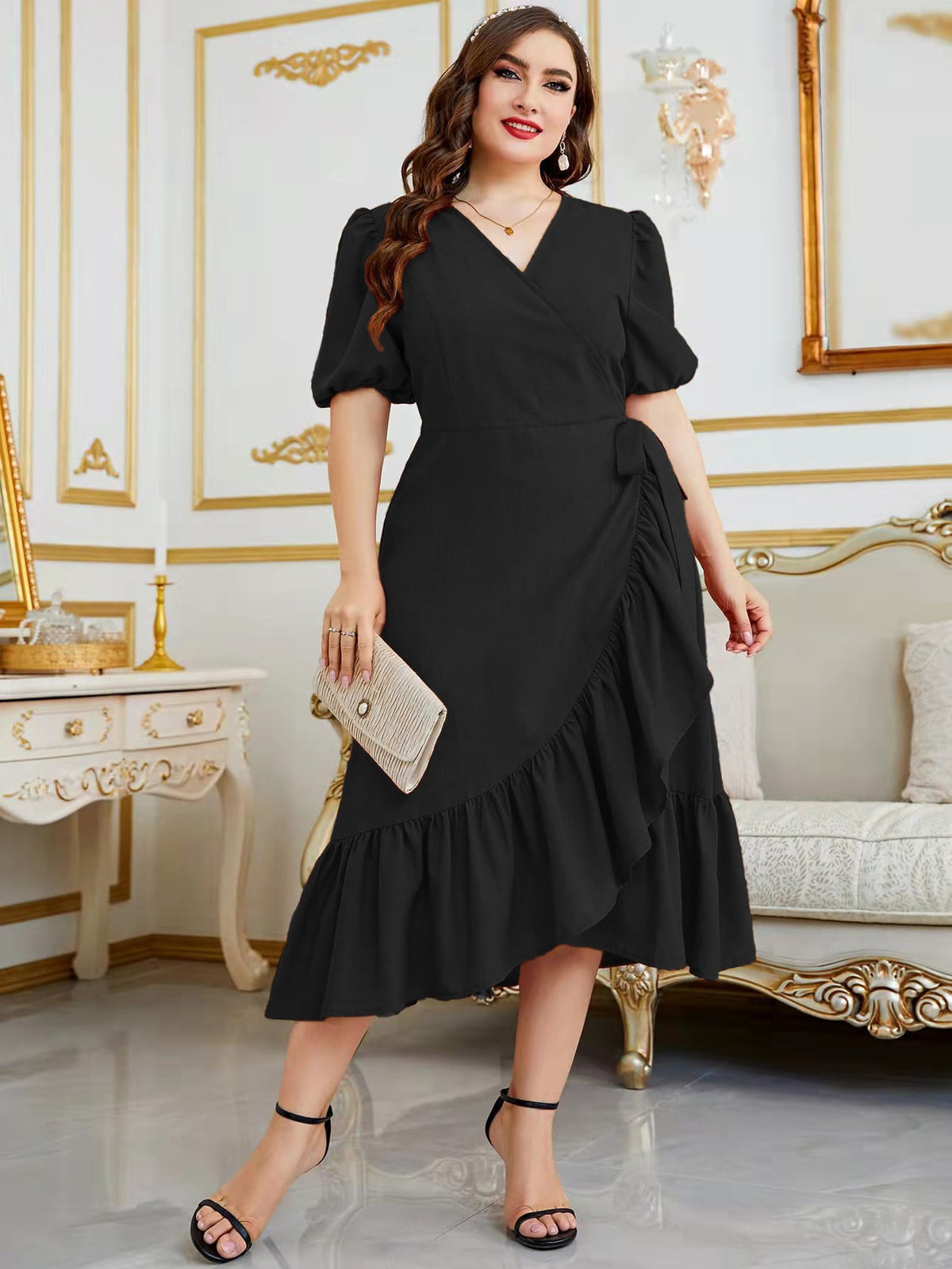 Plus Tie Side Wrap Dress with Puff Sleeve Ruffle Trim
