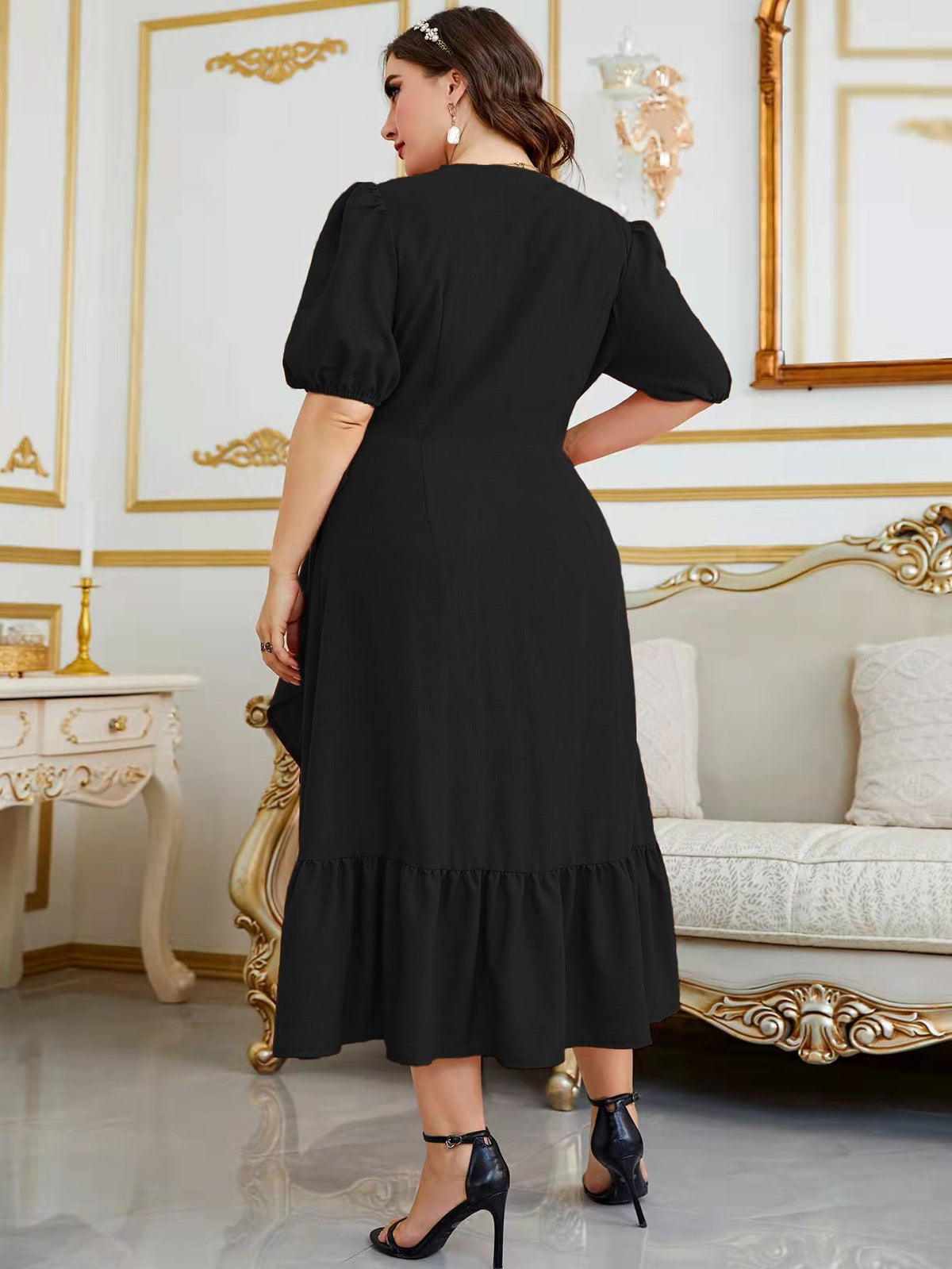 Plus Tie Side Wrap Dress with Puff Sleeve Ruffle Trim