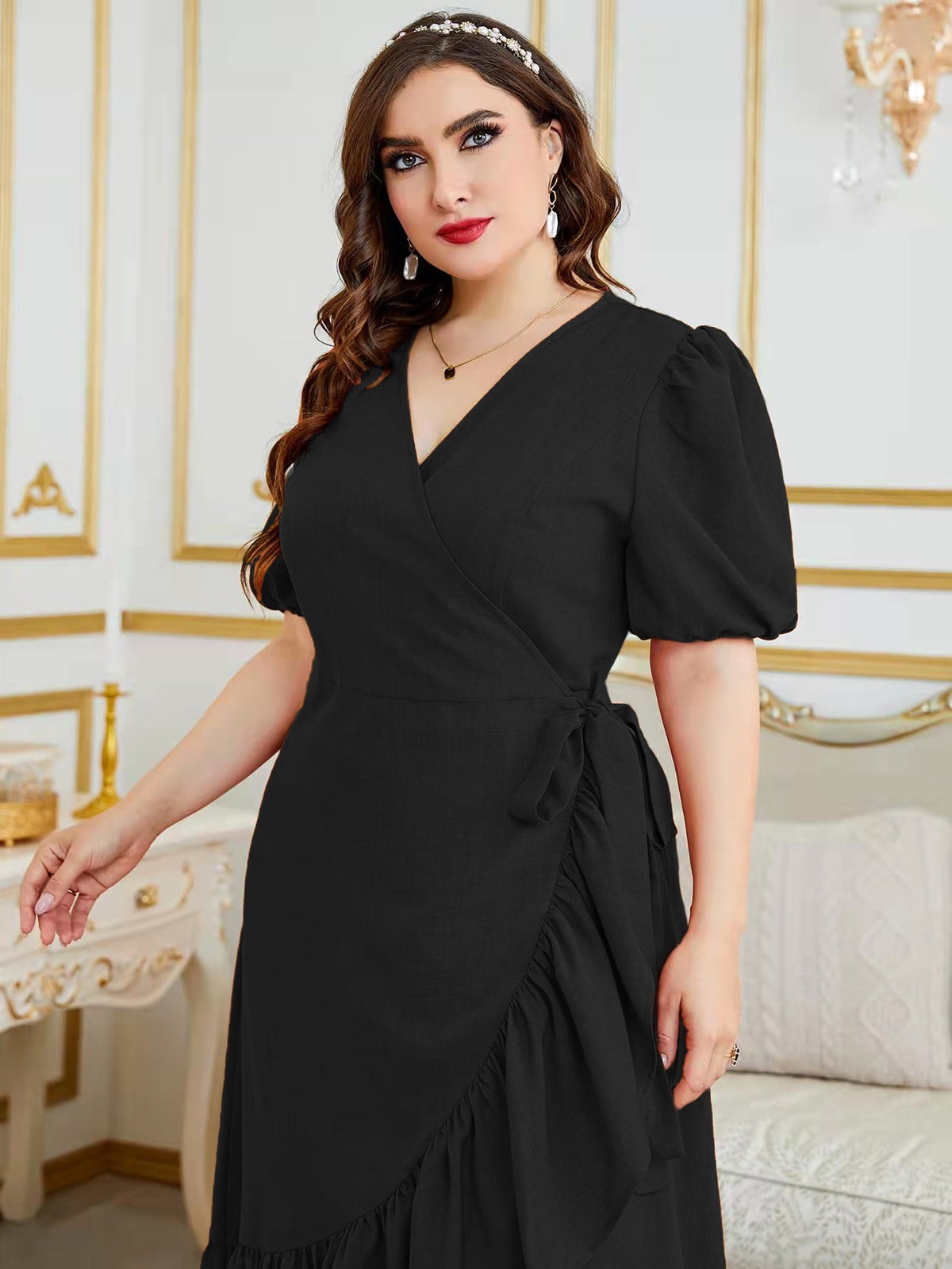 Plus Tie Side Wrap Dress with Puff Sleeve Ruffle Trim