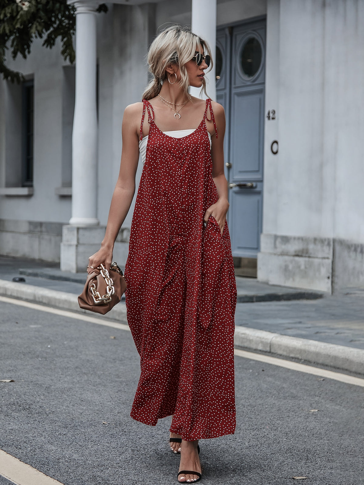 Polka Dot  Tie Shoulder Jumpsuit - Red / XL