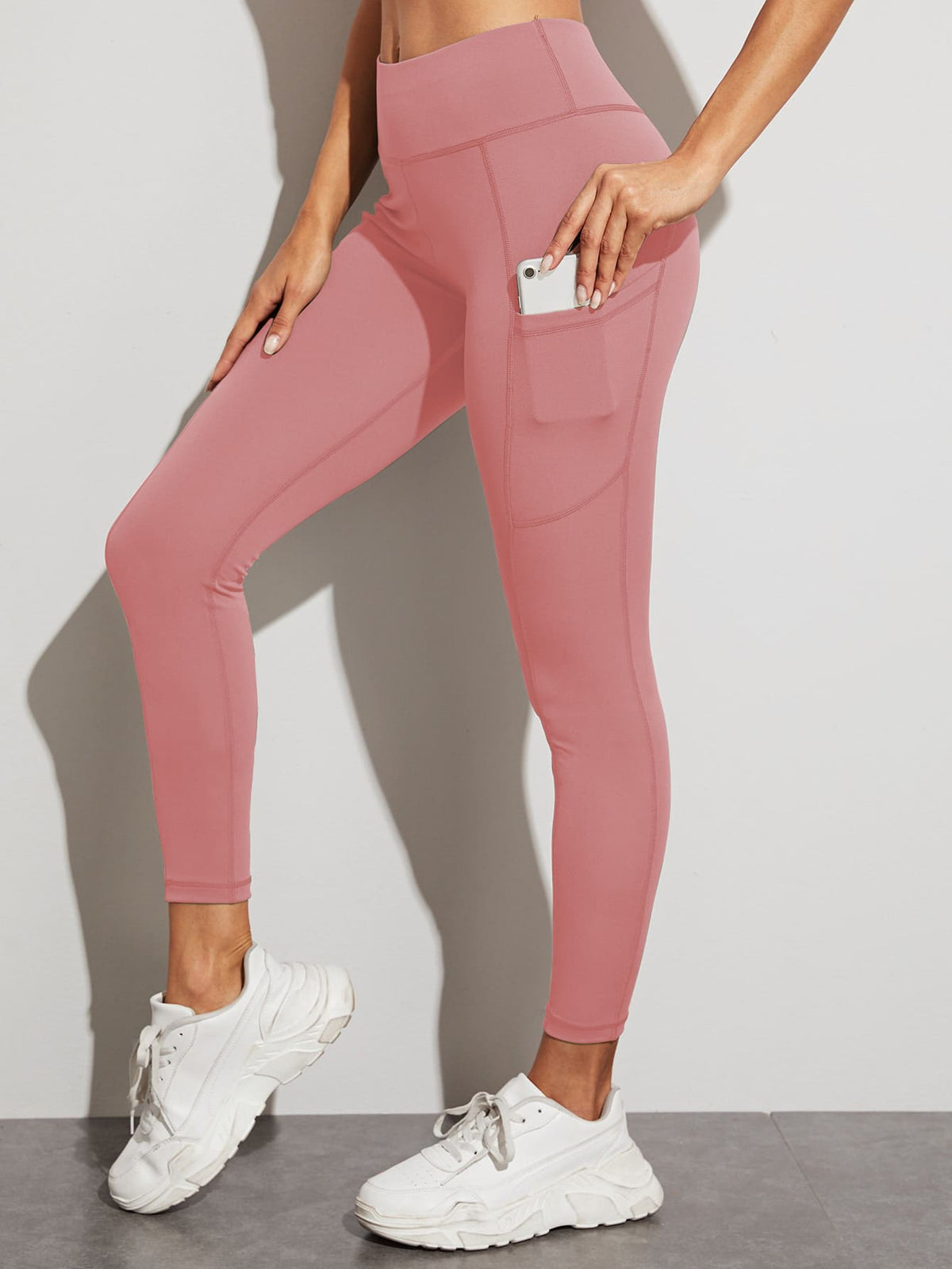 Pocket Wide Band Waist Sports Leggings - Dusty Pink / XL