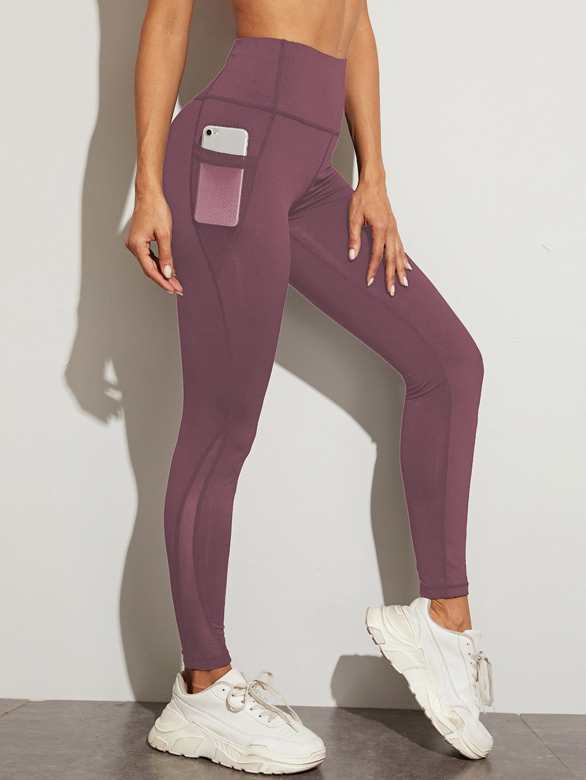 Mesh Panel with Side Pocket Leggings - Mauve Purple / XL