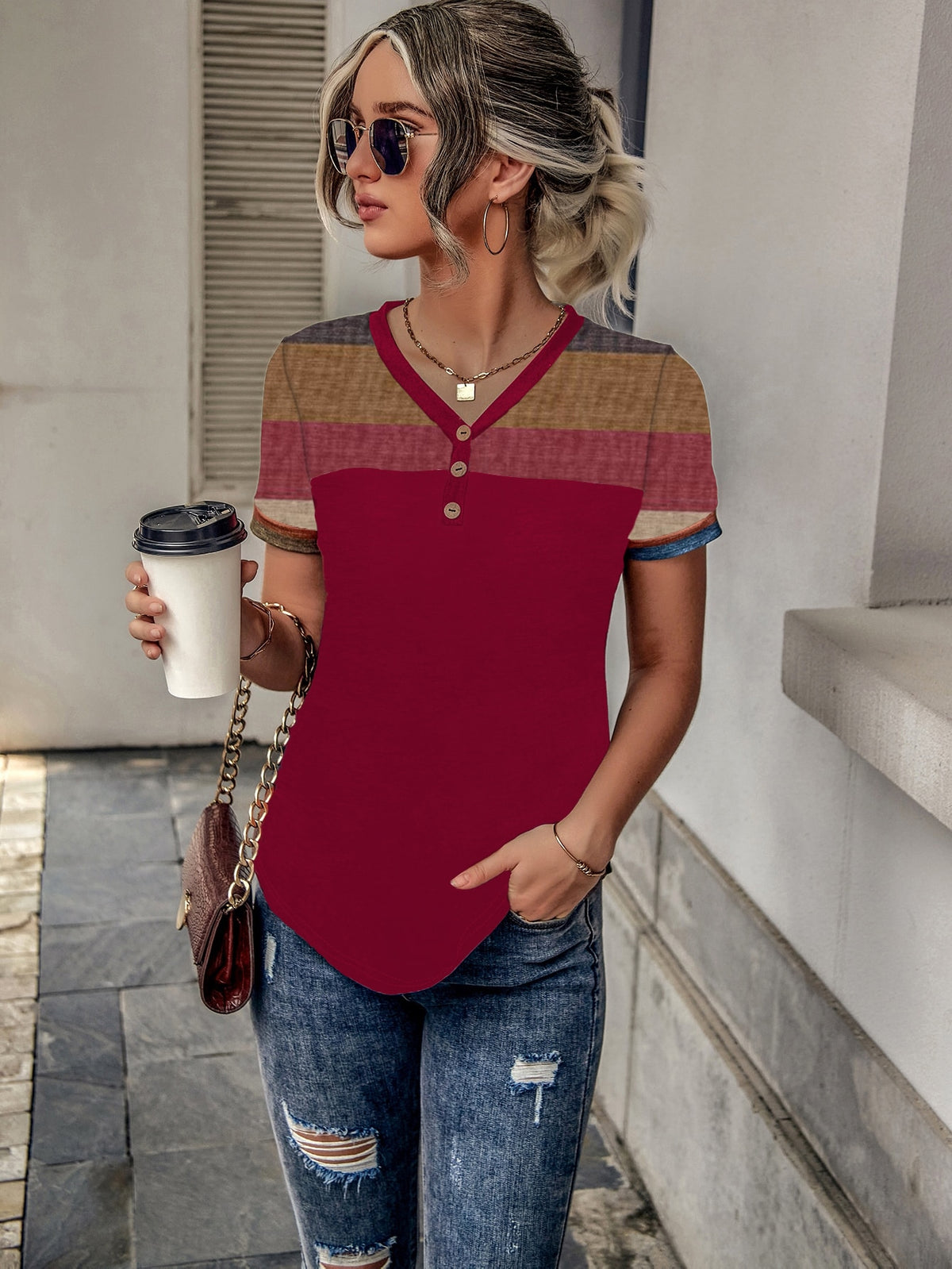 Stripe Button Accent Tee - Red / XL