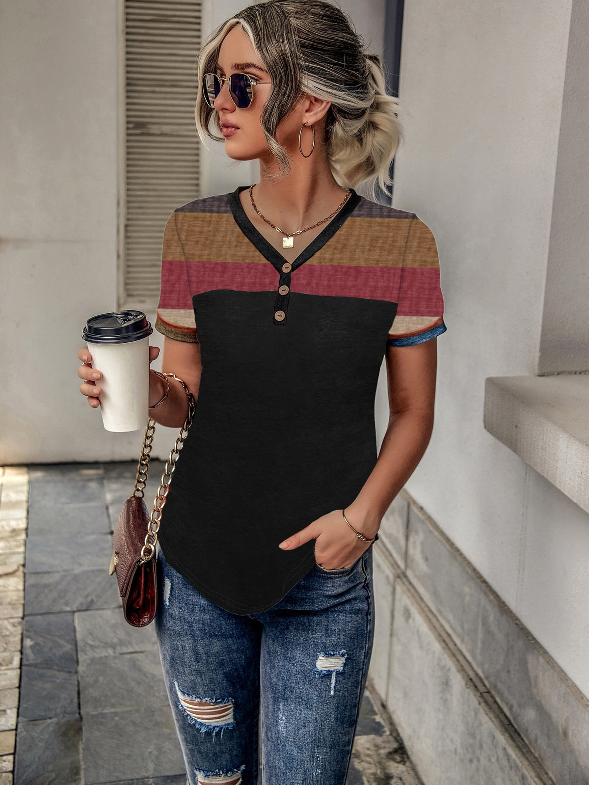 Stripe Button Accent Tee - Black / XL