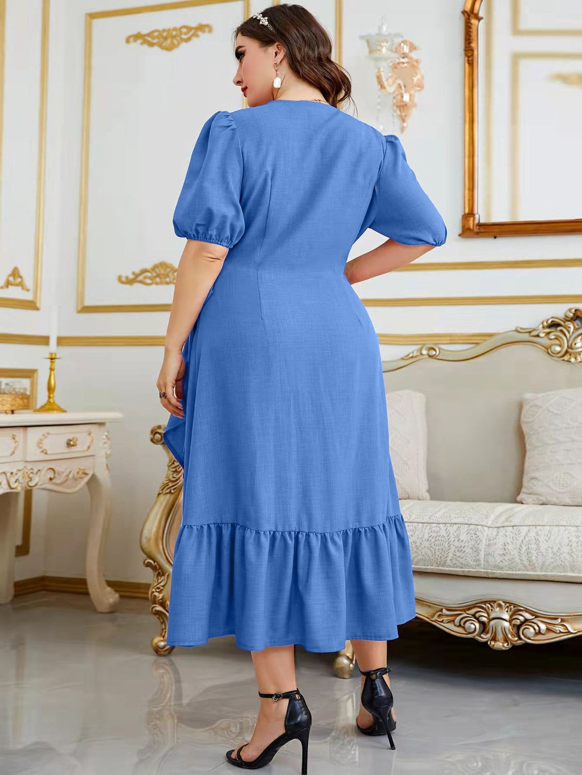 Plus Tie Side Wrap Dress with Puff Sleeve Ruffle Trim