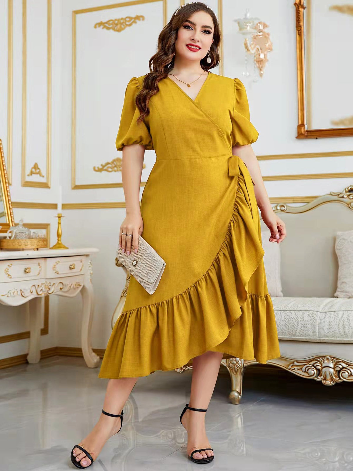 Plus Tie Side Wrap Dress with Puff Sleeve Ruffle Trim