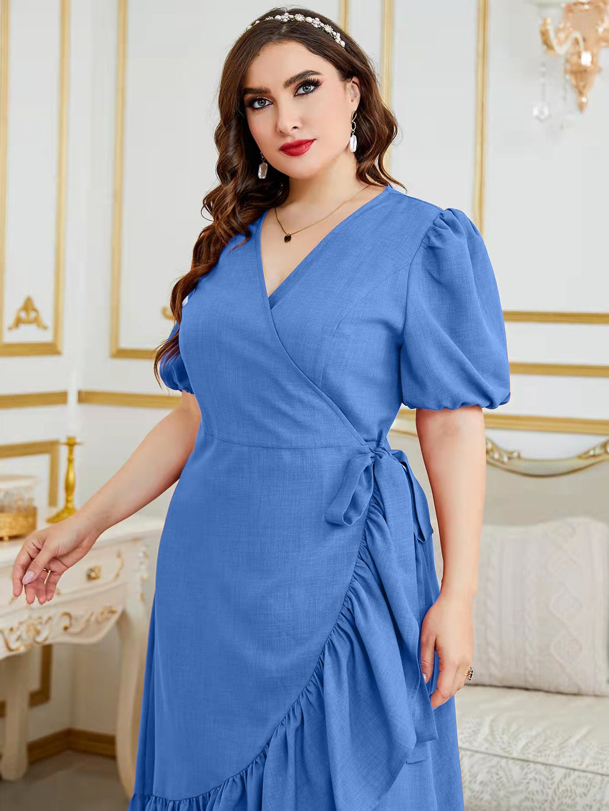 Plus Tie Side Wrap Dress with Puff Sleeve Ruffle Trim