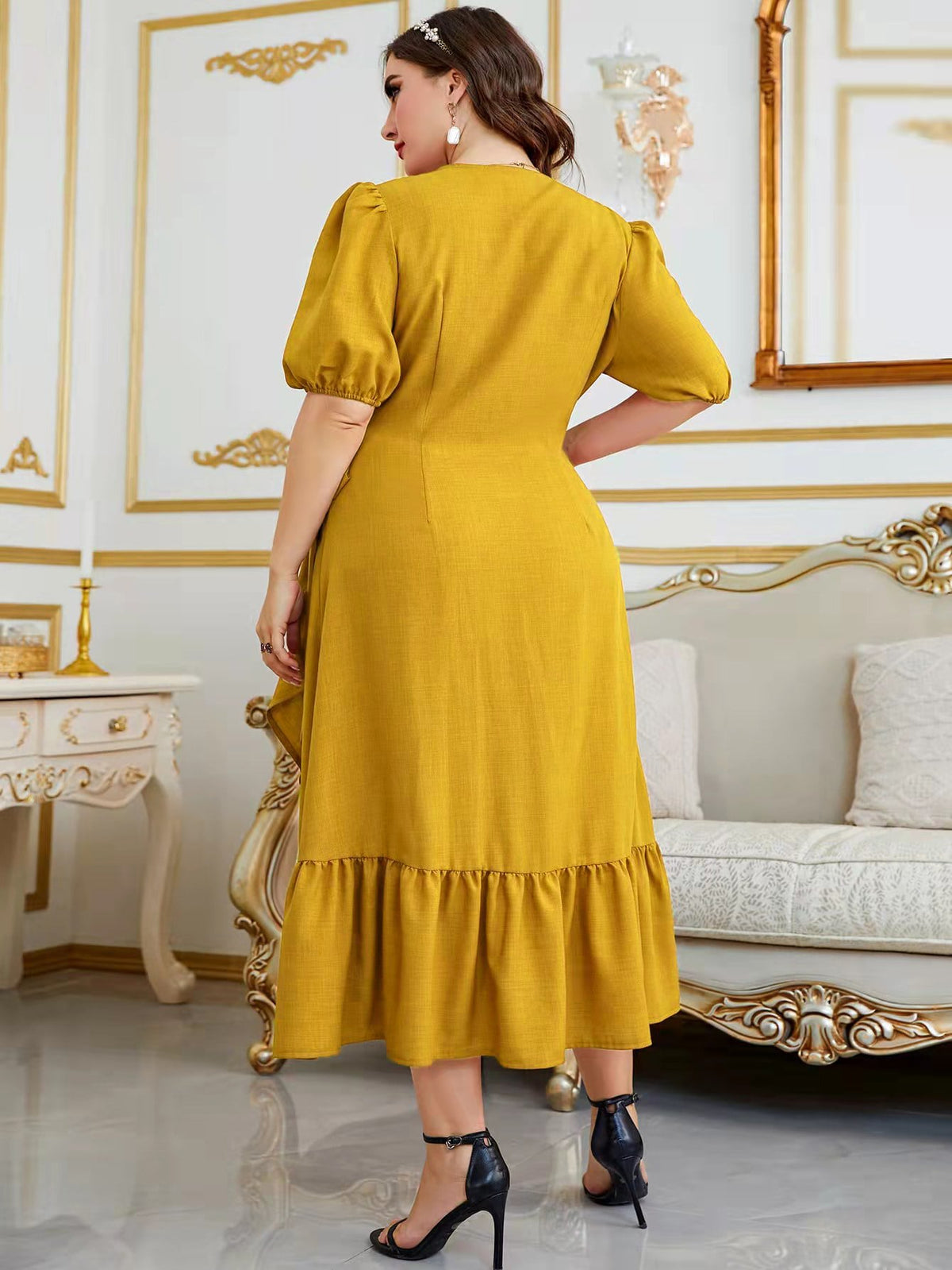 Plus Tie Side Wrap Dress with Puff Sleeve Ruffle Trim