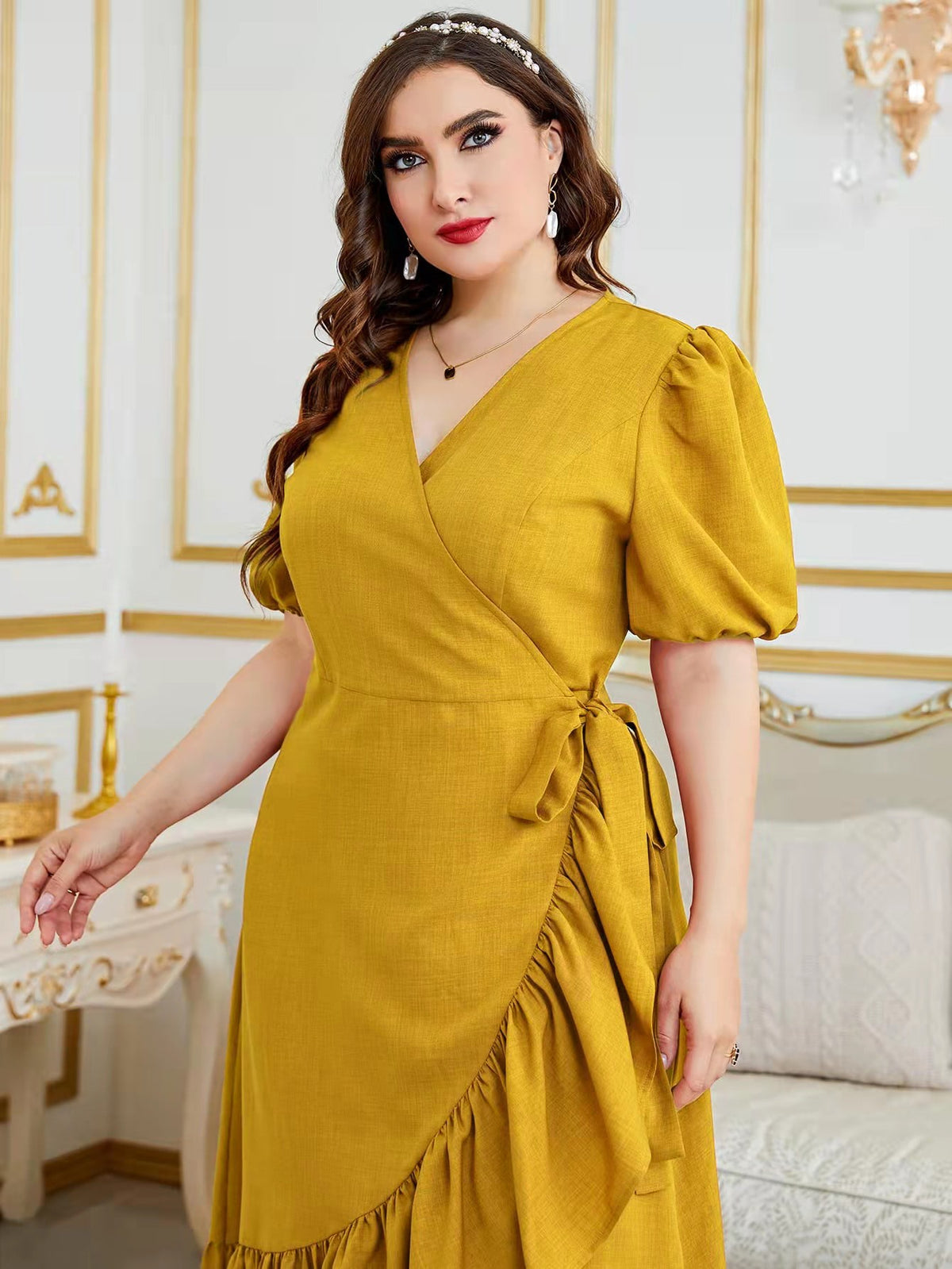 Plus Tie Side Wrap Dress with Puff Sleeve Ruffle Trim
