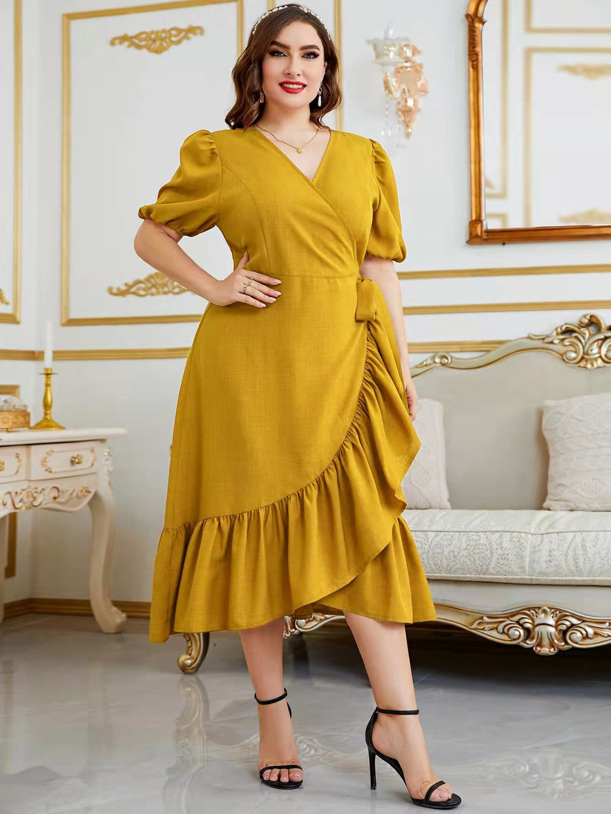 Plus Tie Side Wrap Dress with Puff Sleeve Ruffle Trim