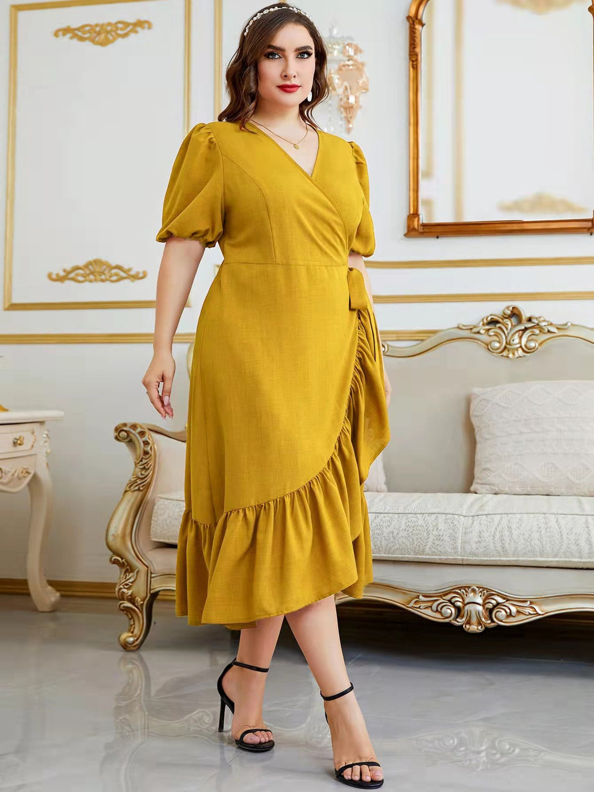 Plus Tie Side Wrap Dress with Puff Sleeve Ruffle Trim