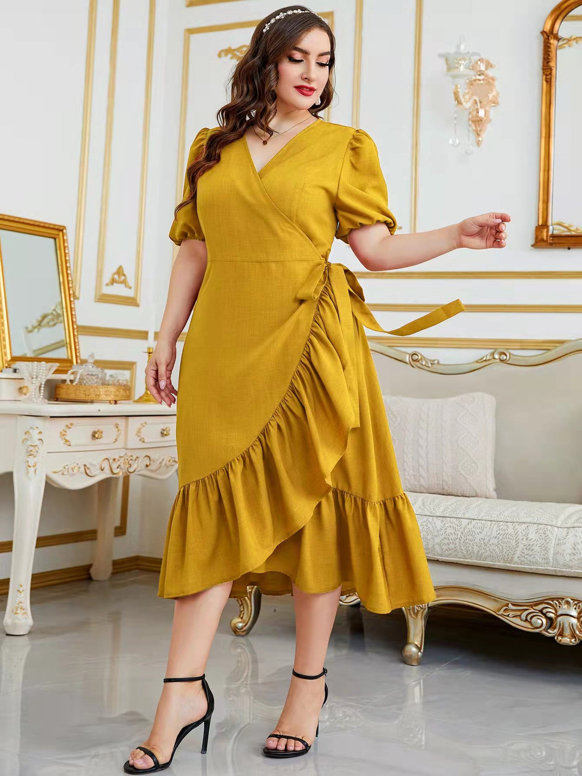 Plus Tie Side Wrap Dress with Puff Sleeve Ruffle Trim