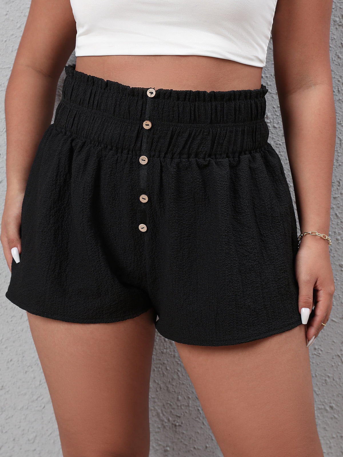 Plus Shirred Frill Trim Shorts with Button Detail