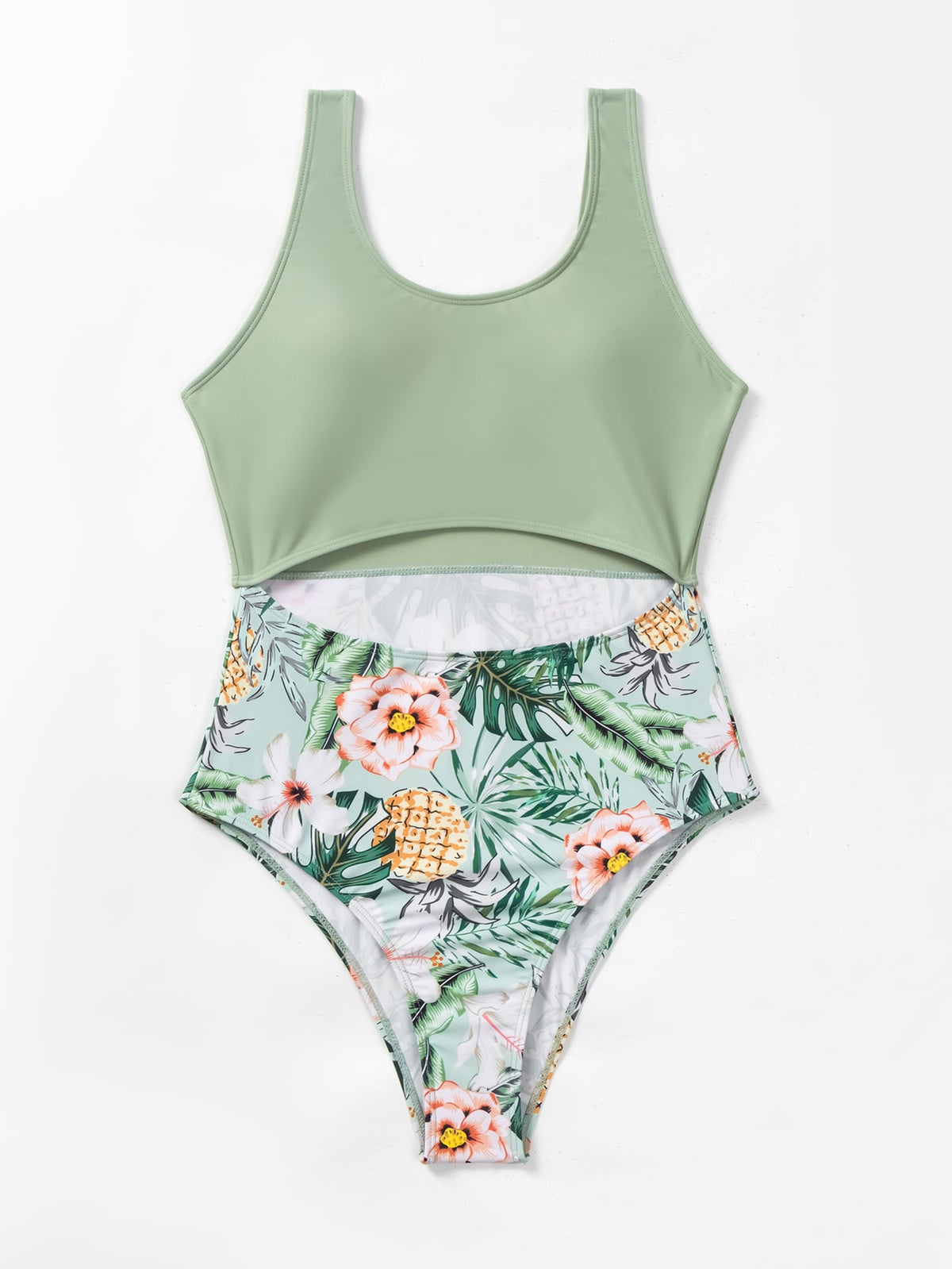 One Piece Tropical Print Swimsuit with Cut out