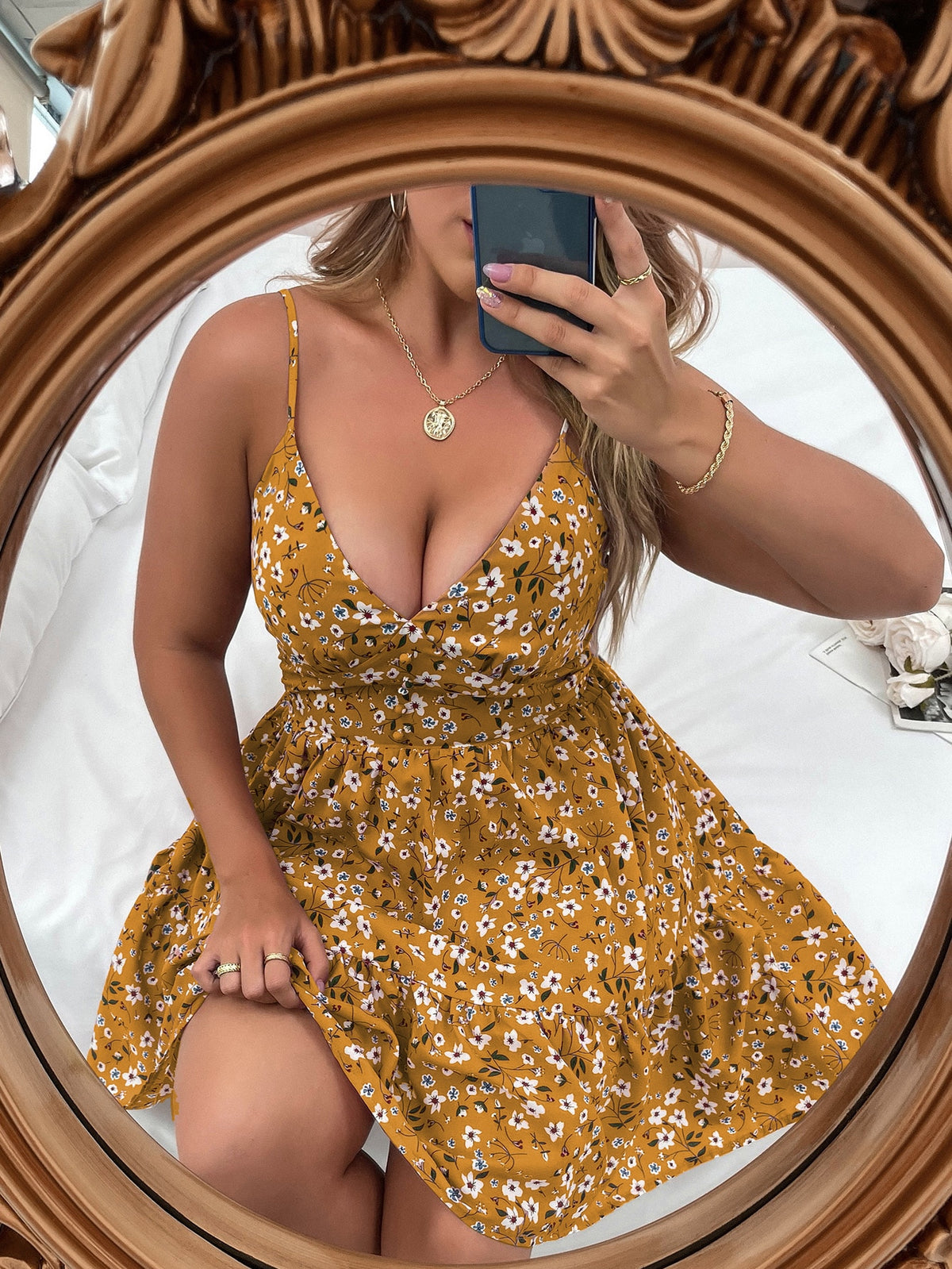 Plus Floral Shirred Back Cami Dress with Ruffle Hem - Yellow / 4XL