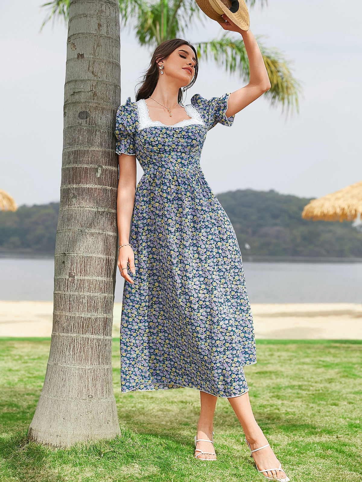 Floral Print Dress with Lace Trim